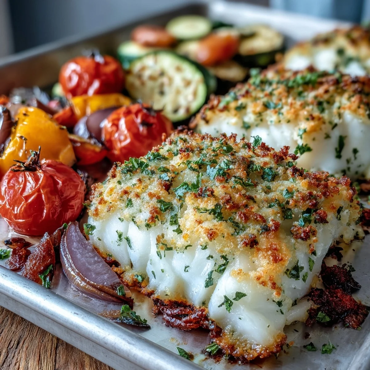 Freshly baked Parmesan Crusted Sheet Pan Fish & Veg garnished with parsley, ideal for a one-pan family dinner.