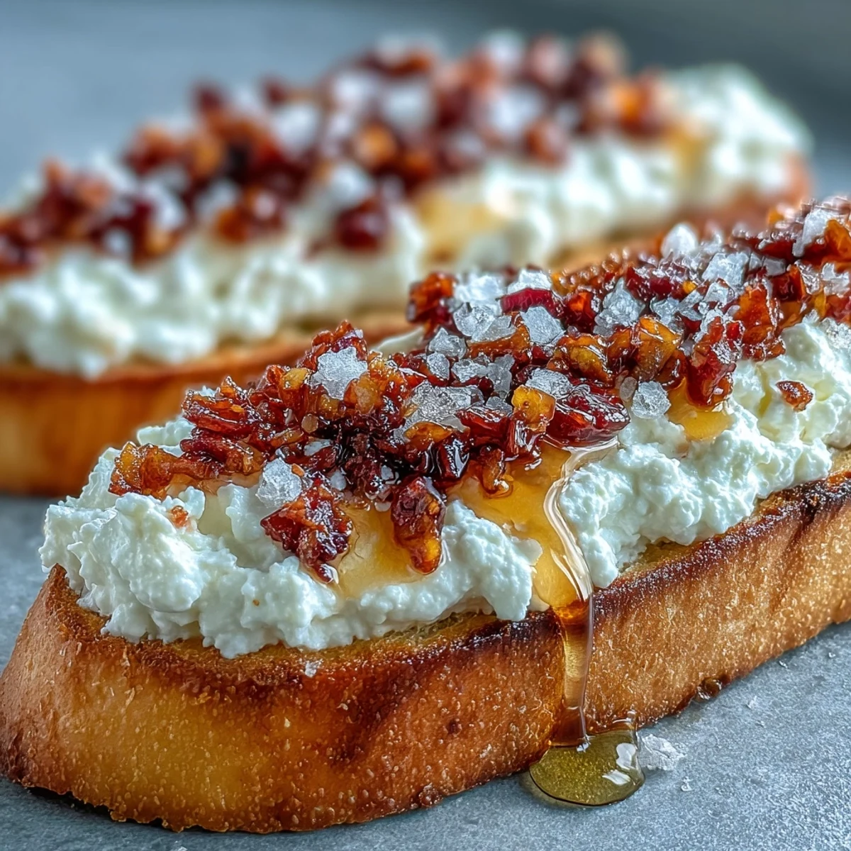 A close-up of Hot Honey Ricotta Bruschetta garnished with chili crunch, flaky sea salt, and fresh basil leaves.