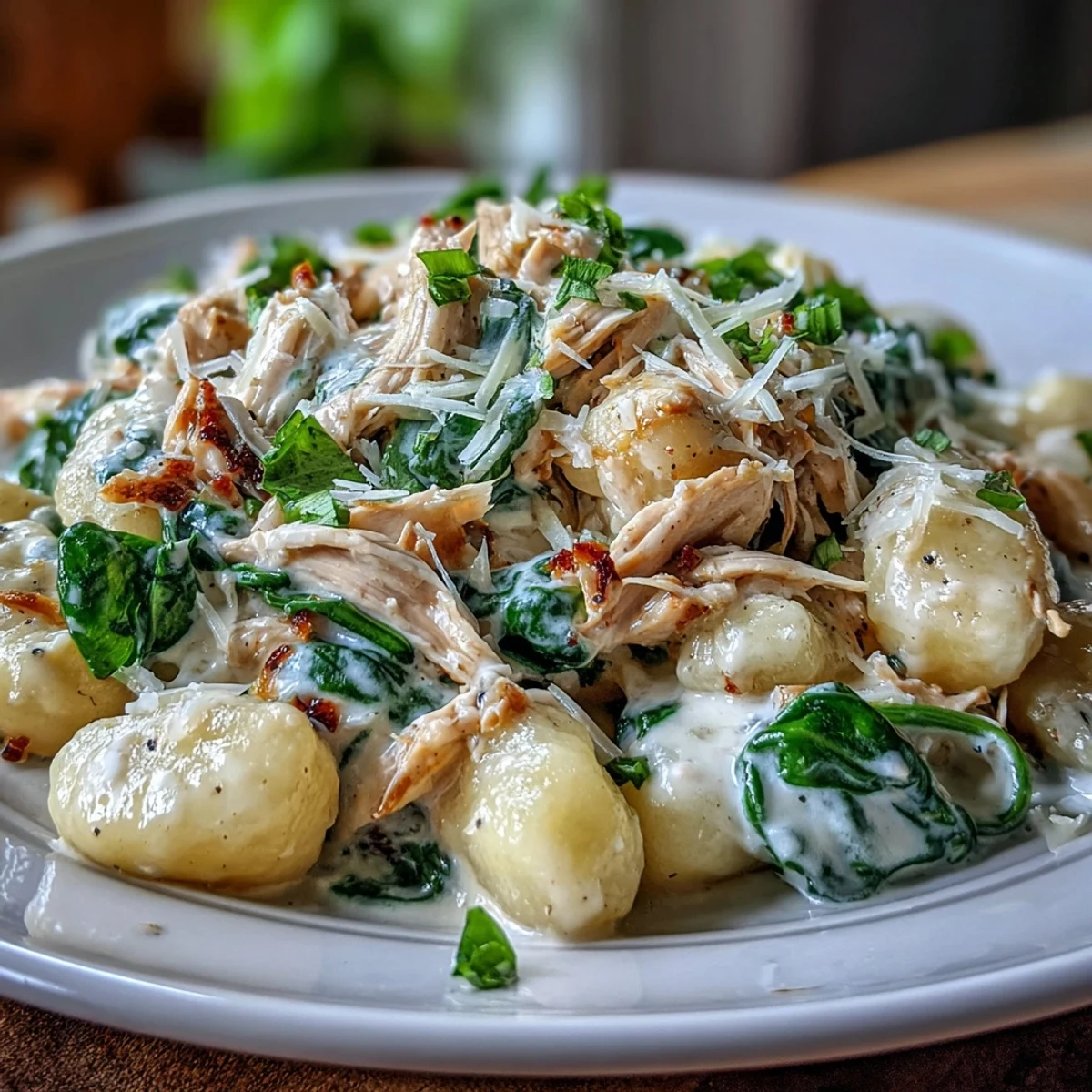 Tender gnocchi and shredded chicken tossed with wilted spinach and fresh Parmesan in a one-pan dinner.
