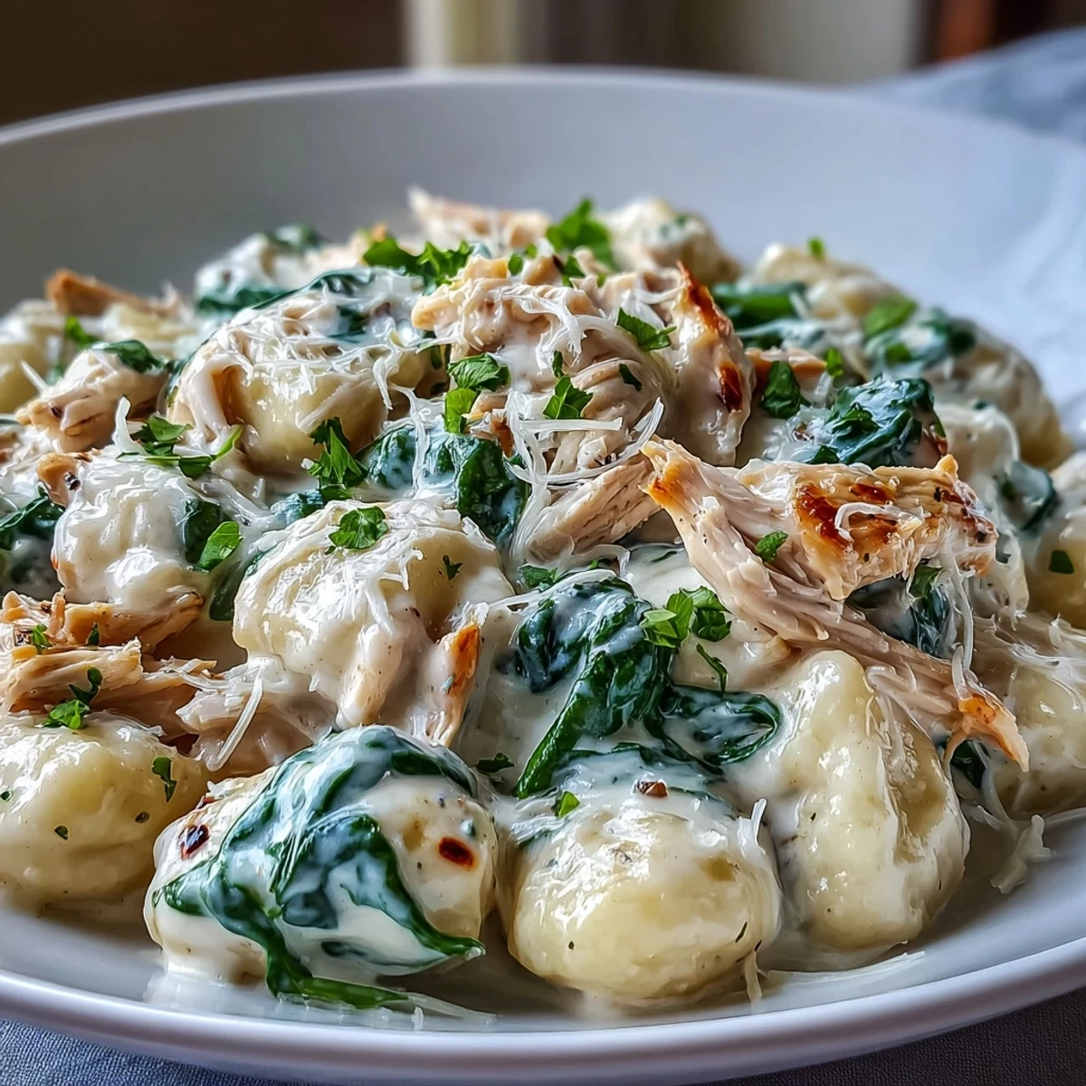 Creamy Spinach & Parmesan Gnocchi with Chicken served in a skillet, garnished with fresh parsley and extra cheese.
