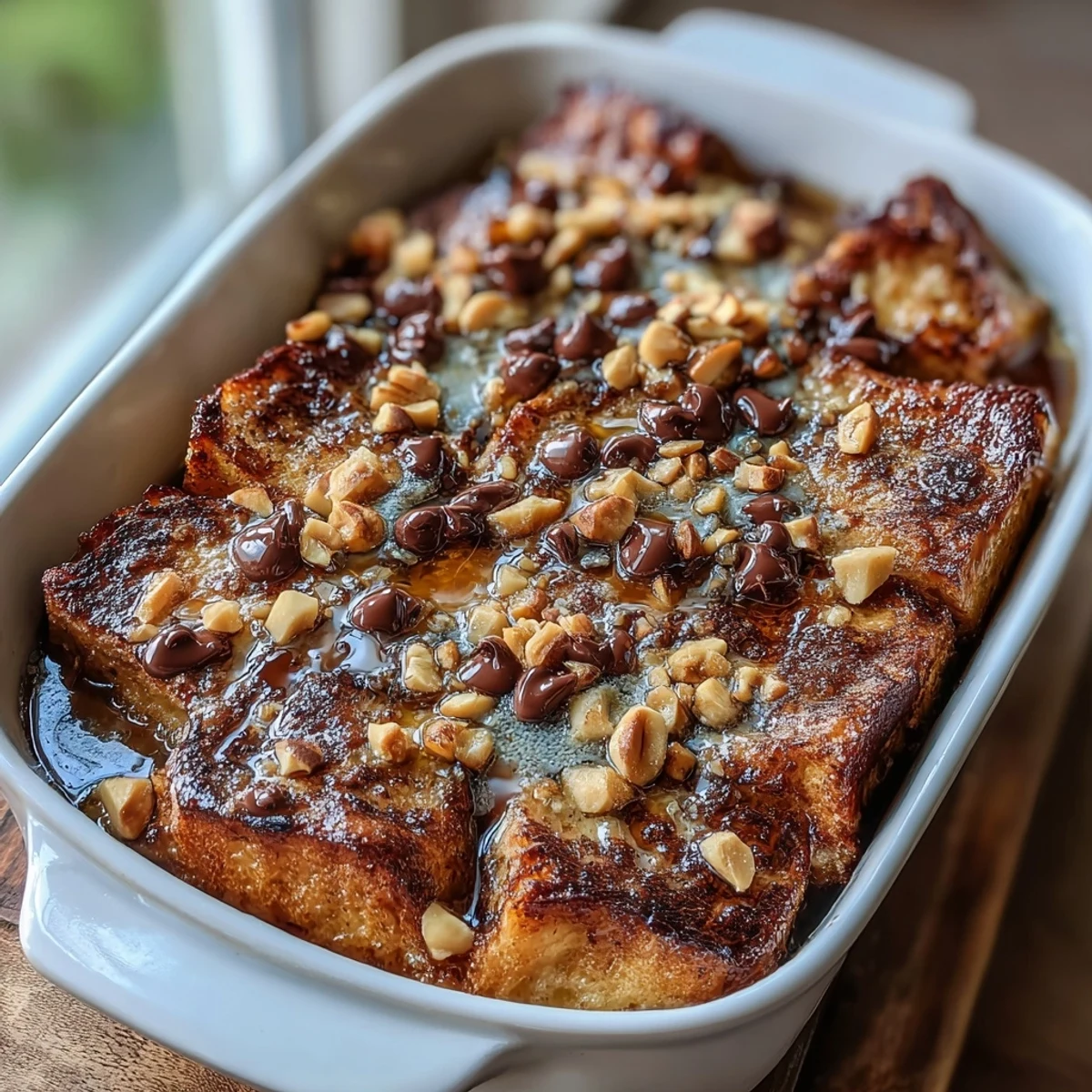 Freshly baked High-Protein Peanut Butter & Chocolate Baked French Toast, topped with chocolate chips, chopped peanuts, and a drizzle of maple syrup.