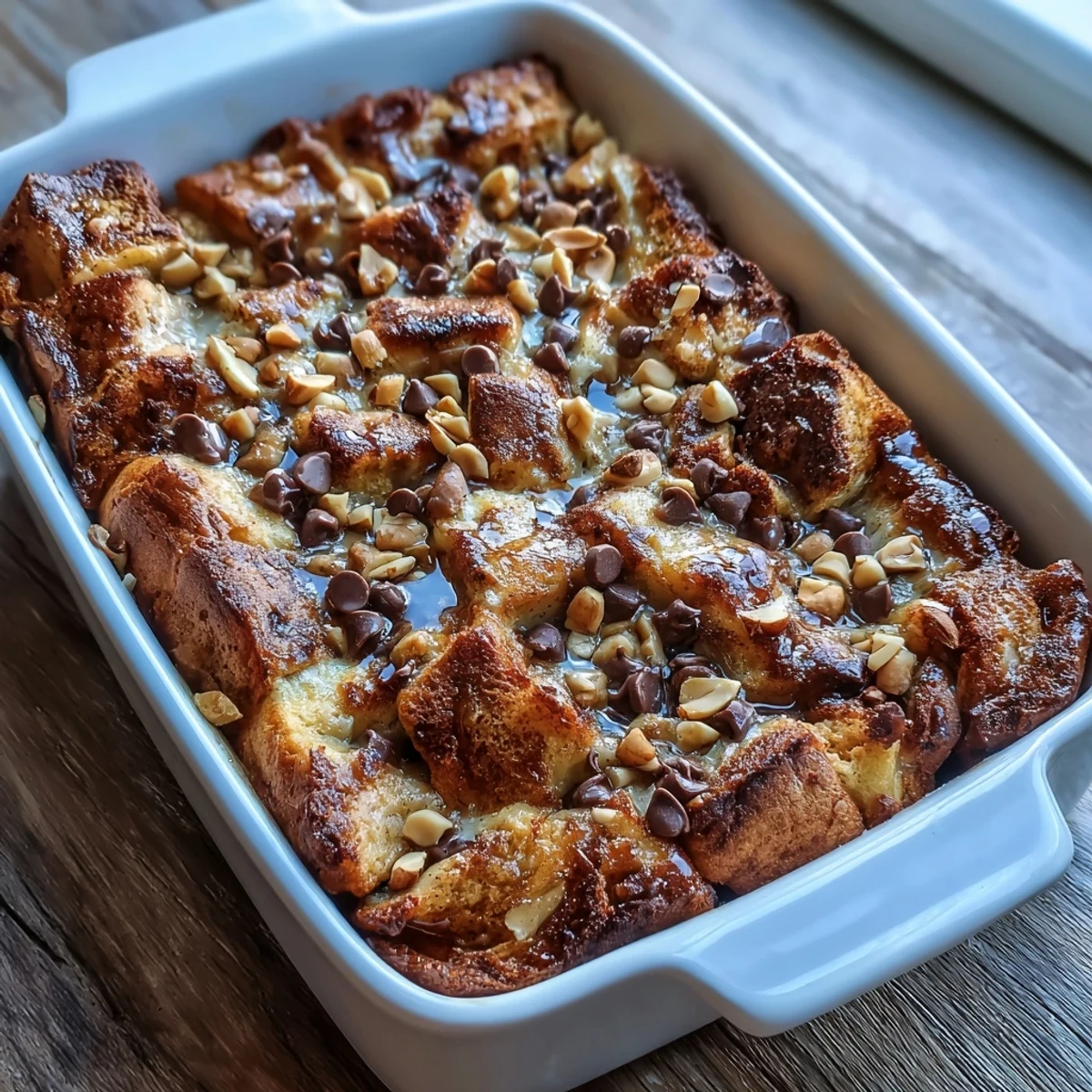 A warm slice of High-Protein Peanut Butter & Chocolate Baked French Toast served with fresh banana slices on a cozy breakfast plate.