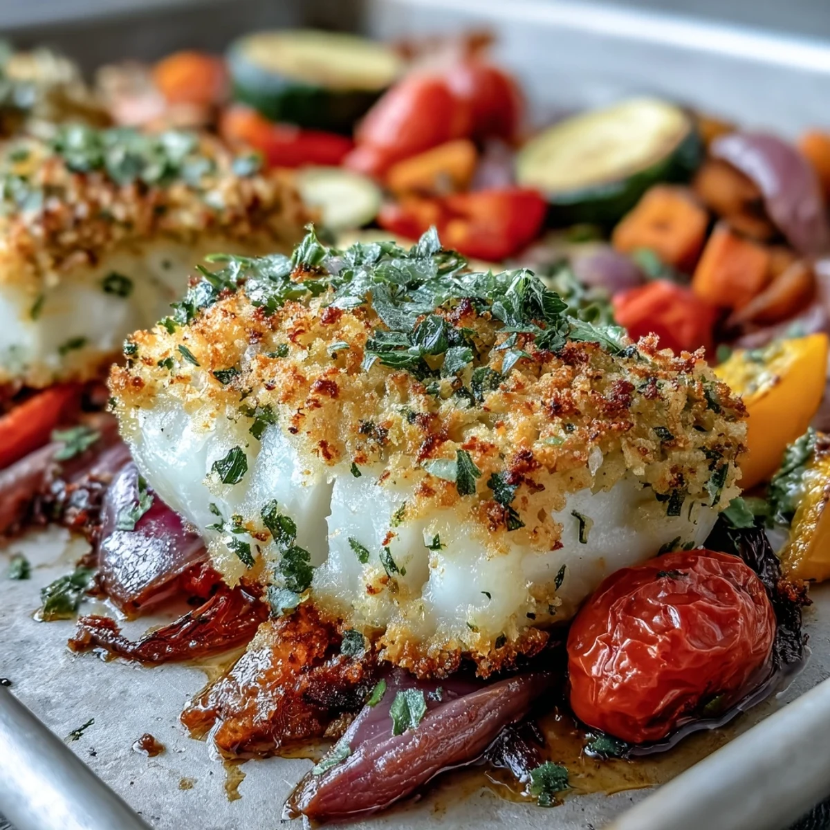 Golden-baked Parmesan Crusted Sheet Pan Fish with roasted red and yellow peppers and zucchini on a sheet pan.