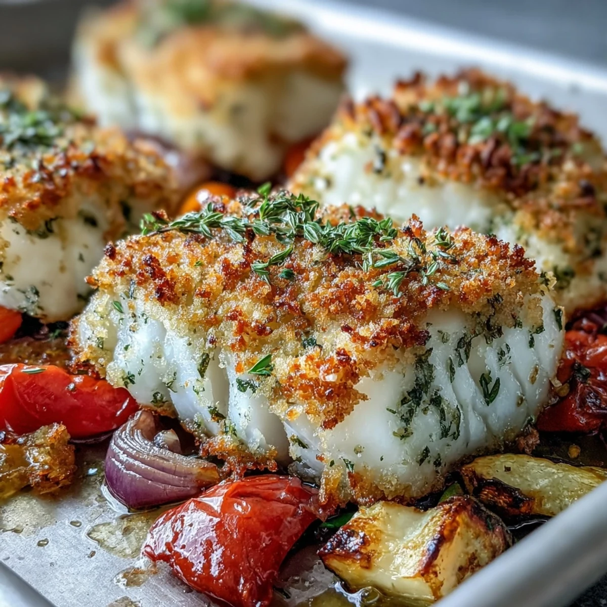 Serving suggestion for Parmesan Crusted Sheet Pan Fish over greens with lemon wedges and fresh parsley.