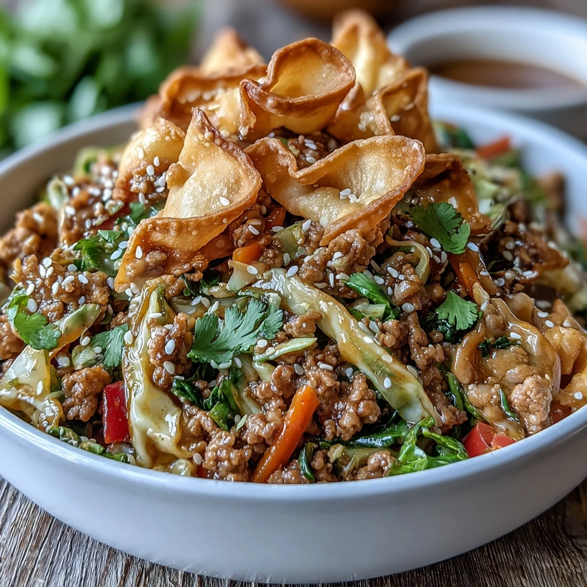 Savory Ranch Turkey & Veggie Egg Roll Bowls with stir-fried red bell peppers and fresh ginger, served steaming hot with crunchy wonton strips and chopped cilantro garnish.