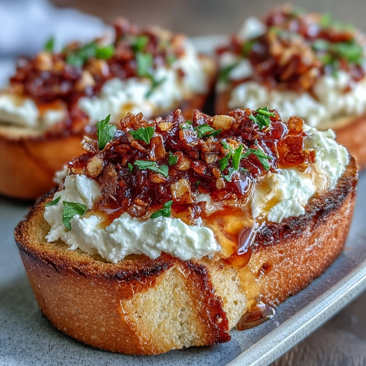 Golden, toasted baguette slices slathered with creamy whipped ricotta and drizzled with spicy hot honey.