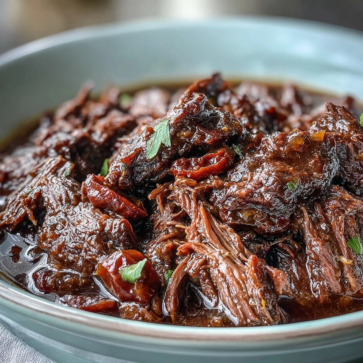 Tender shredded beef infused with ranch seasoning and buttery au jus juices, served over creamy mashed potatoes with pepperoncini peppers for a hearty dinner.