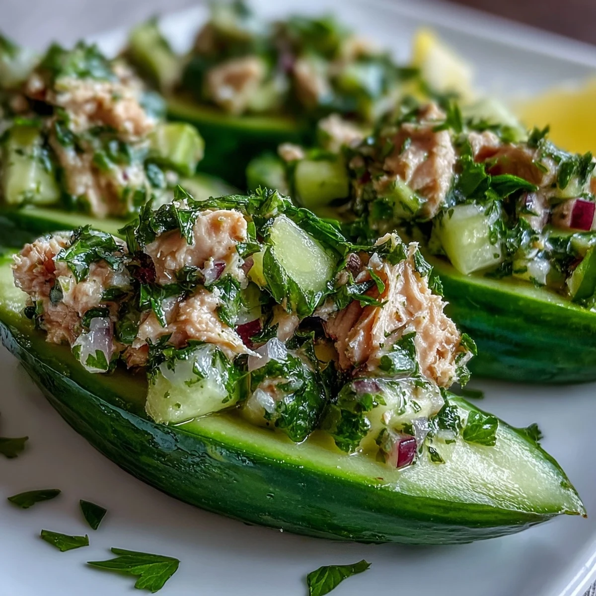 A close-up view of 10-Minute Tuna Avocado Cucumber Boats topped with fresh parsley and lemon juice.