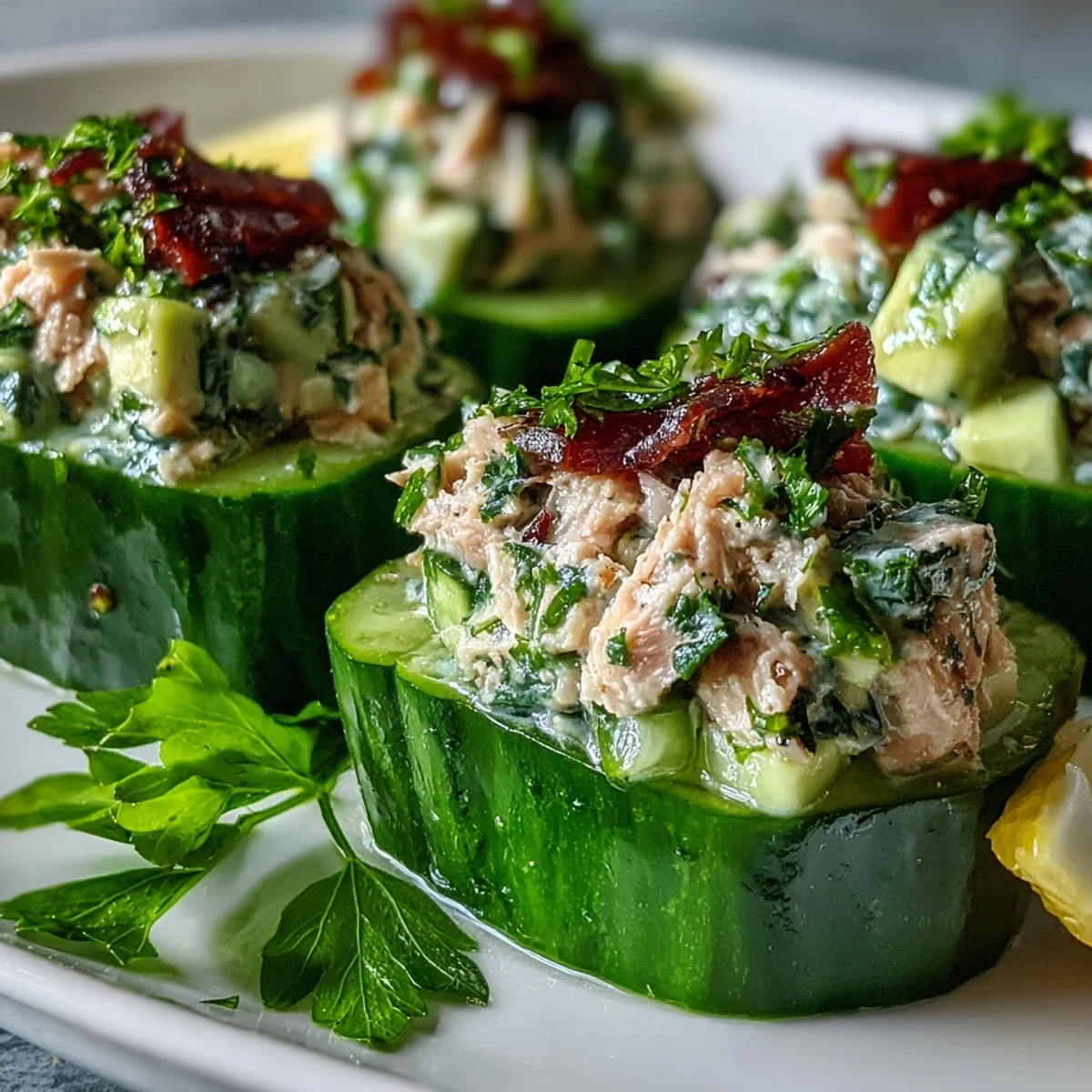 Freshly prepared 10-Minute Tuna Avocado Cucumber Boats filled with creamy avocado and zesty tuna salad.