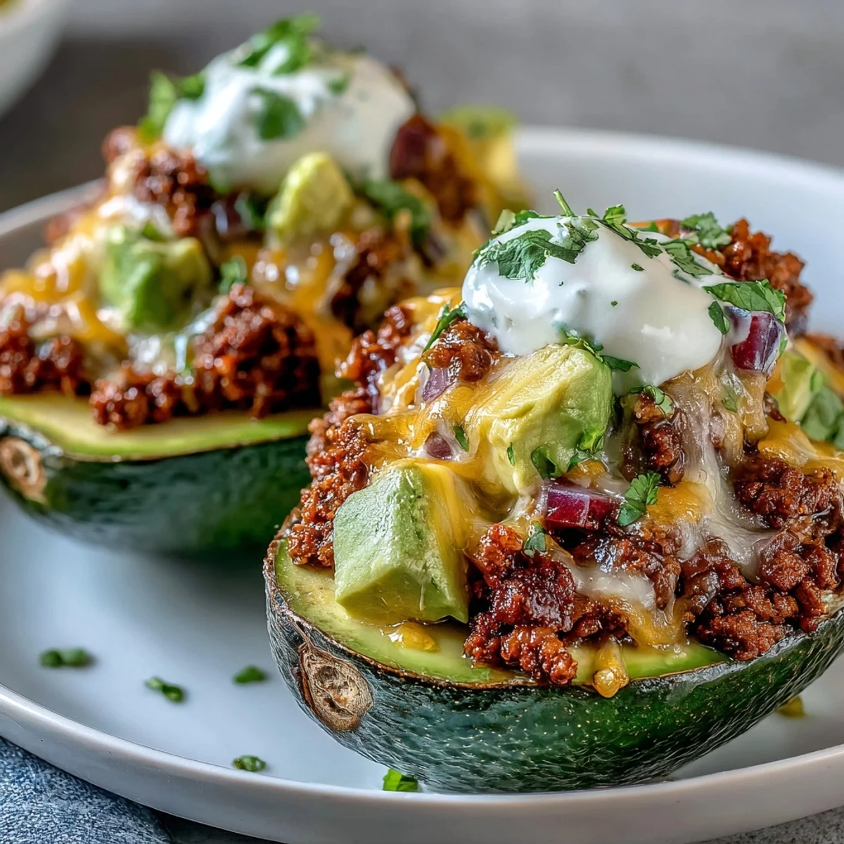 Golden-brown keto taco stuffed avocados filled with spiced ground beef, melted cheese, fresh salsa, and a dollop of sour cream.