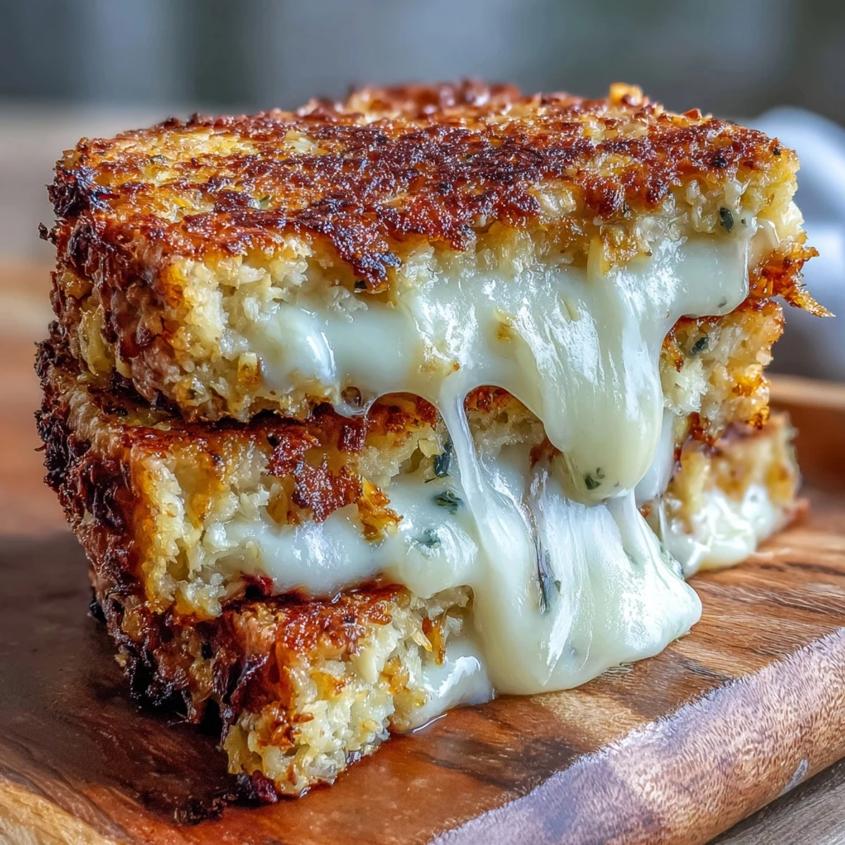 Golden brown Keto Cheesy Cauliflower Bread Grilled Cheese sandwiches oozing melted cheddar and mozzarella cheese.