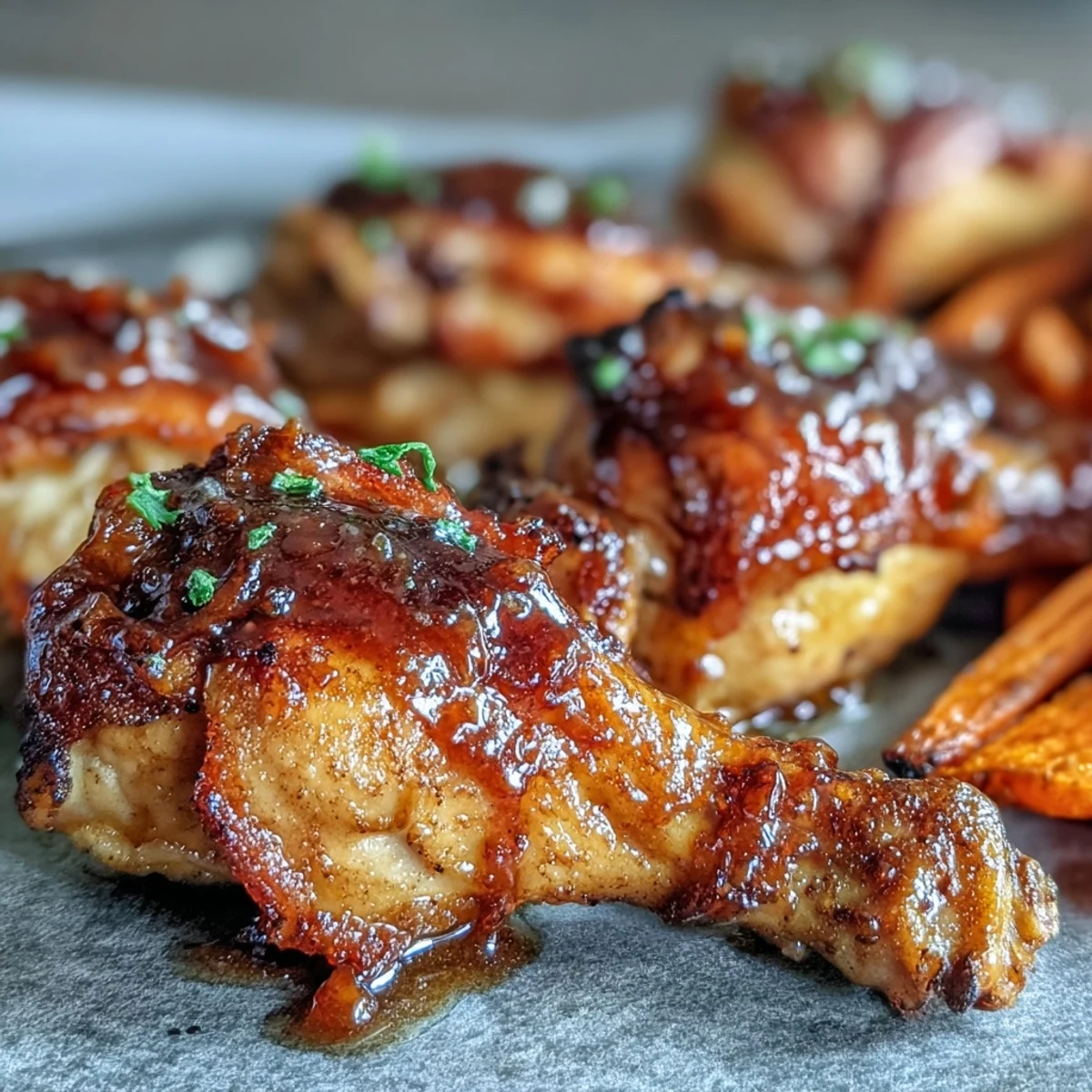 Golden-brown Sheet Pan Honey Garlic Chicken Drumsticks with Roasted Carrots glistening with sweet glaze on a dark baking sheet.