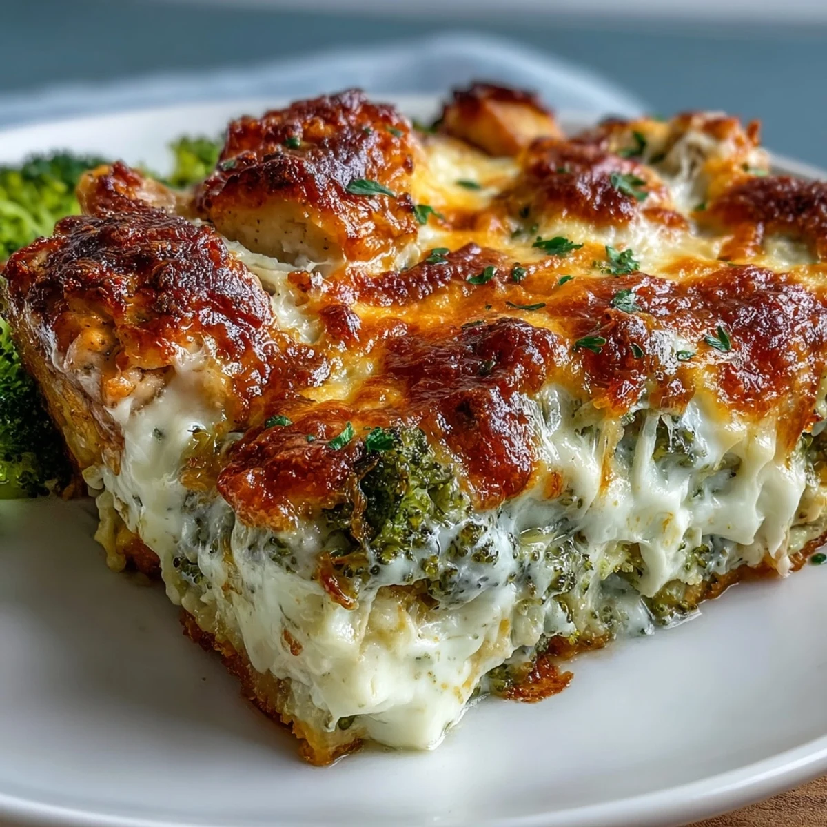Golden Keto Creamy Chicken and Broccoli Casserole bubbling from the oven, topped with melted cheddar and mozzarella.