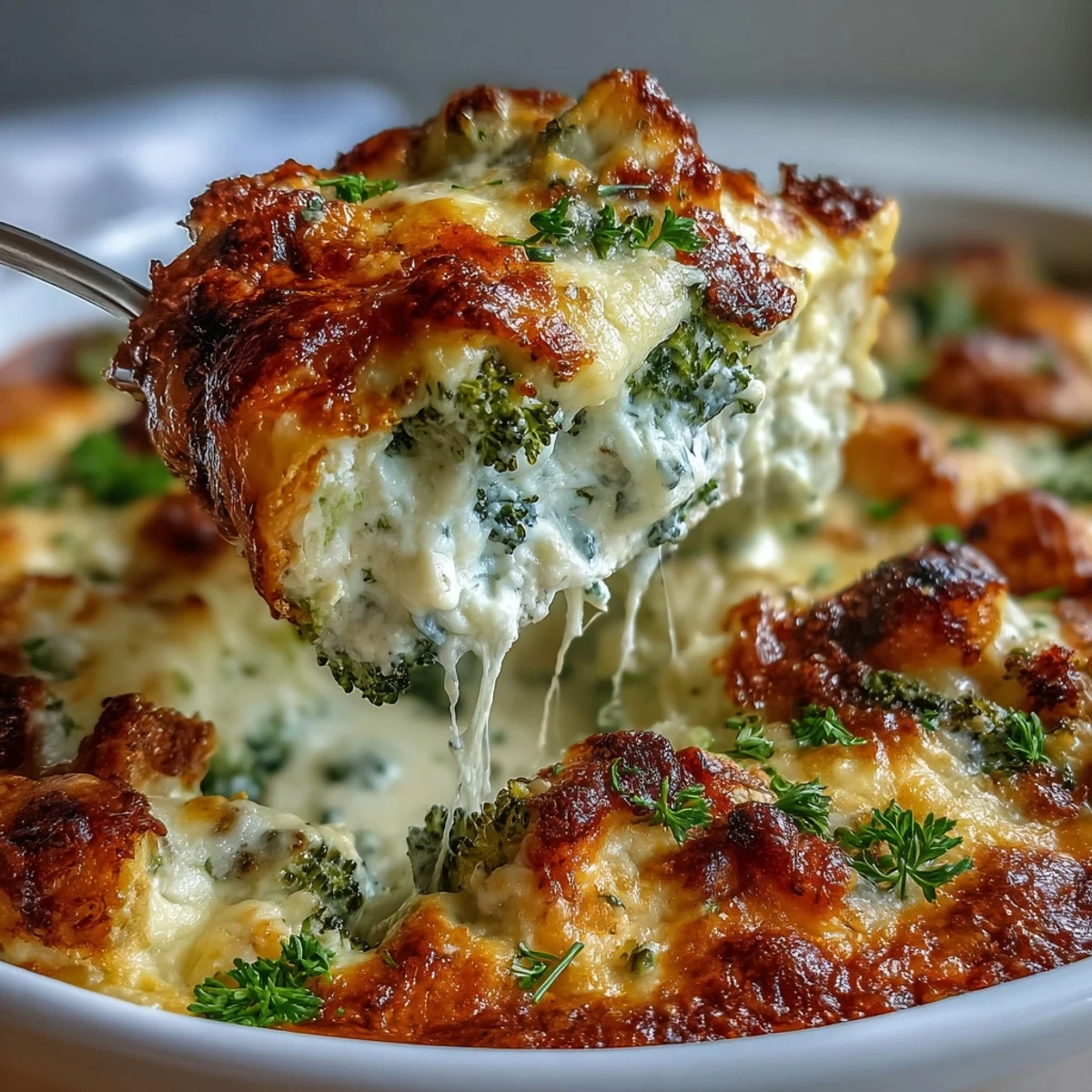 Steam rises from the creamy Keto Creamy Chicken and Broccoli Casserole as it rests in a white ceramic dish.