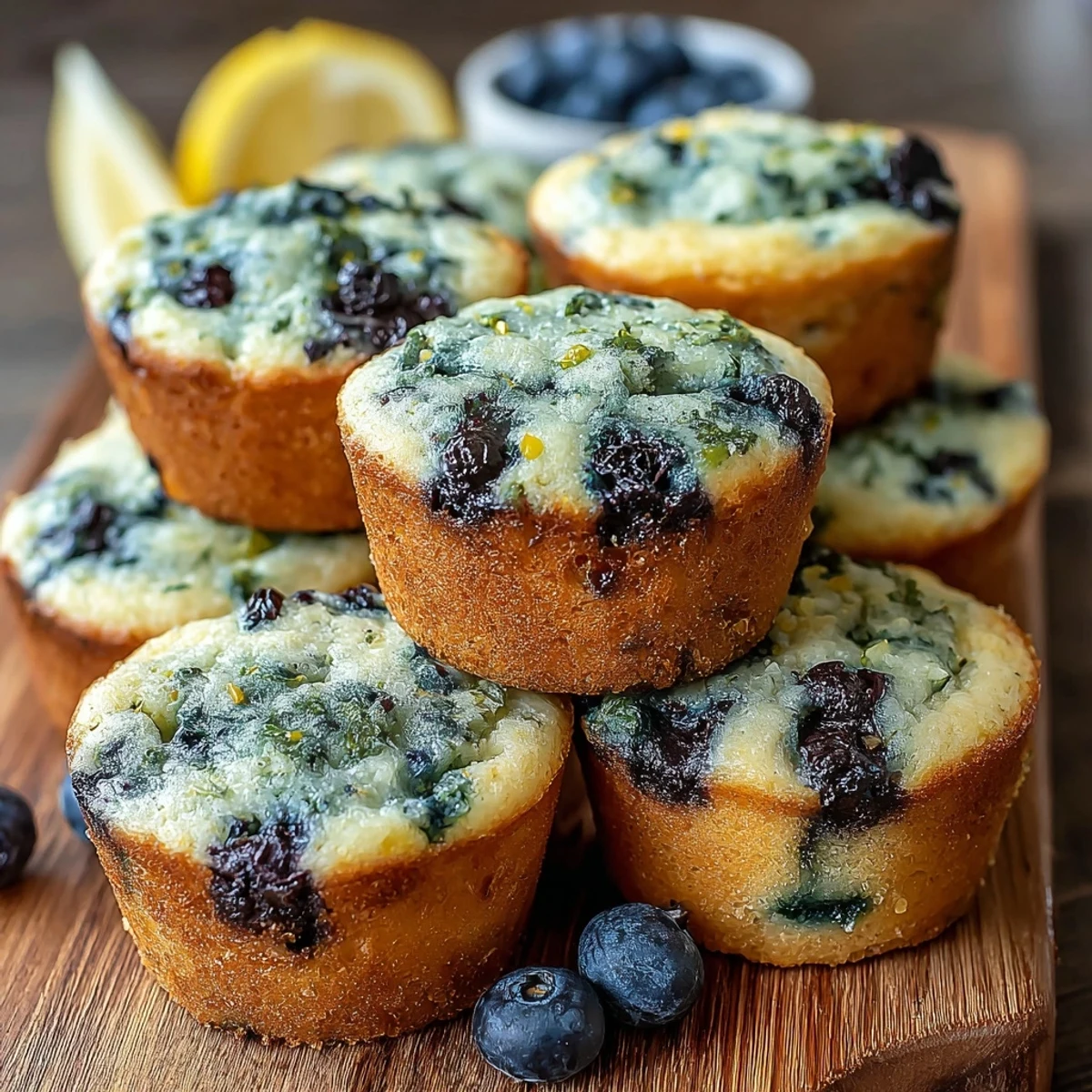 Freshly baked Vegan Blueberry Lemon Protein Muffins sit in a tin, surrounded by lemon slices and fresh berries for a healthy snack.