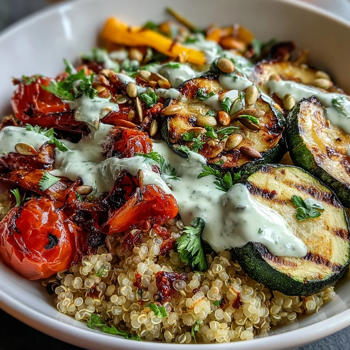 Fluffy quinoa topped with charred zucchini, red onion, and bell peppers in Grilled Veggie and Quinoa Power Bowls with Tahini Drizzle, finished with fresh parsley.