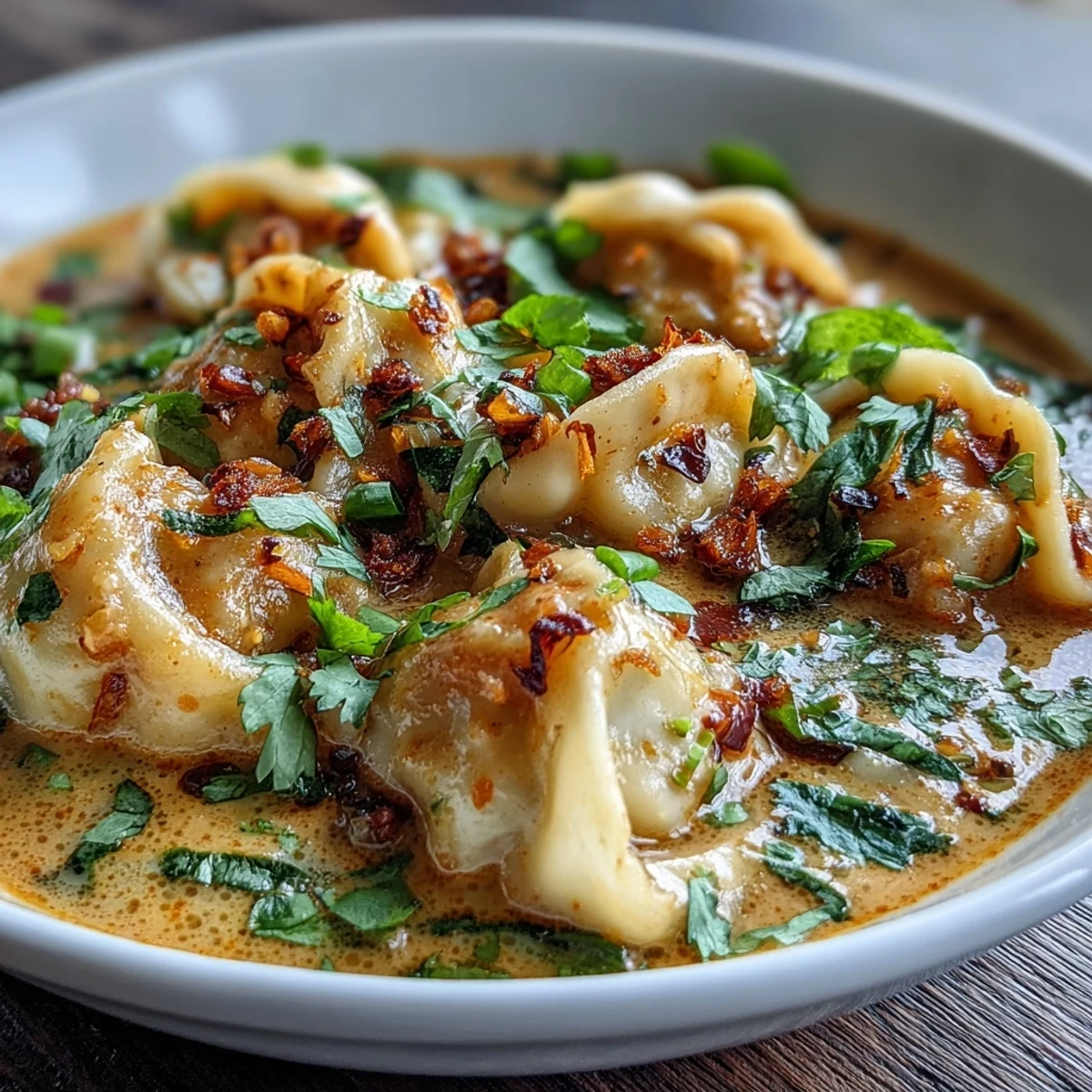 A steaming bowl of quick coconut curry soup with vegan dumplings, rich in aromatic Thai spices and garnished with fresh herbs and chili oil.