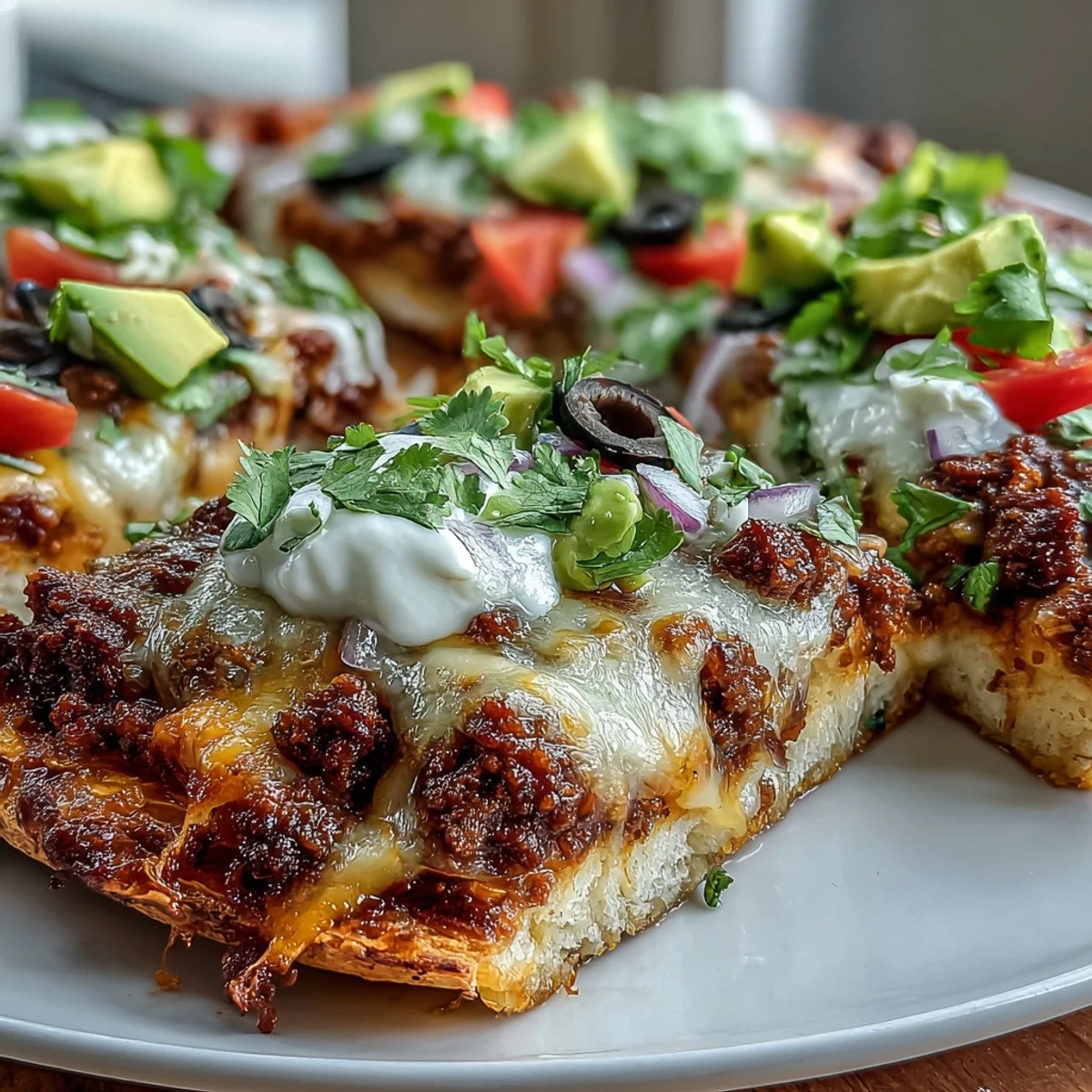 Keto Taco Pizza on Crispy Cheese Crust: golden melted cheese base topped with seasoned ground beef, fresh veggies, and creamy avocado slices.