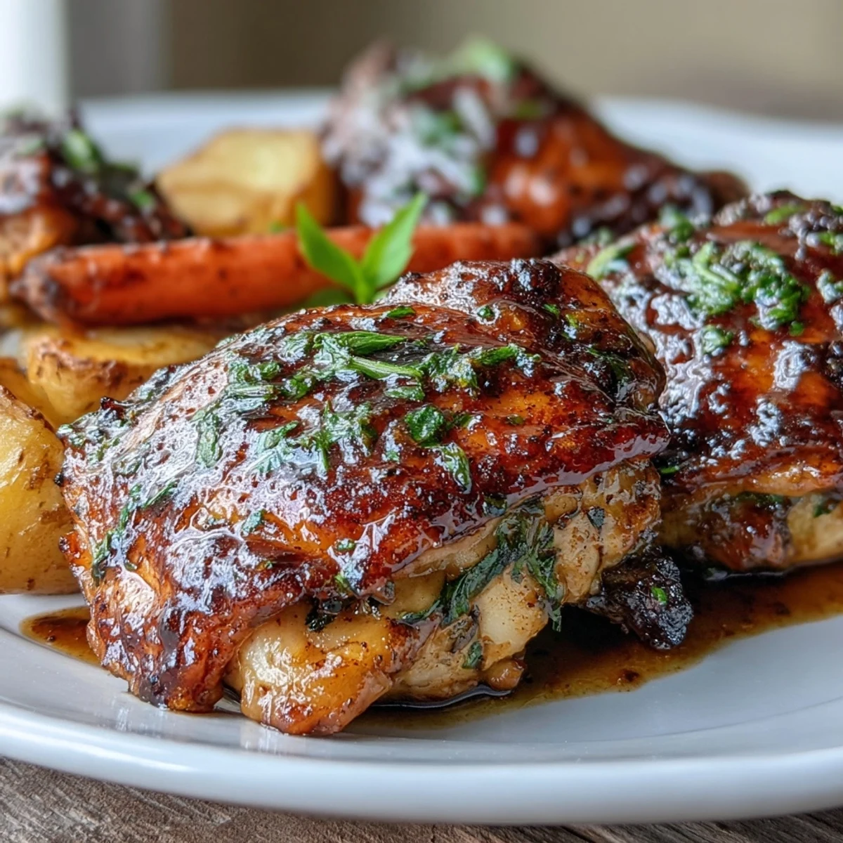 A golden sheet pan dinner with honey mustard-glazed chicken thighs and roasted carrots, perfect for a quick weeknight meal.