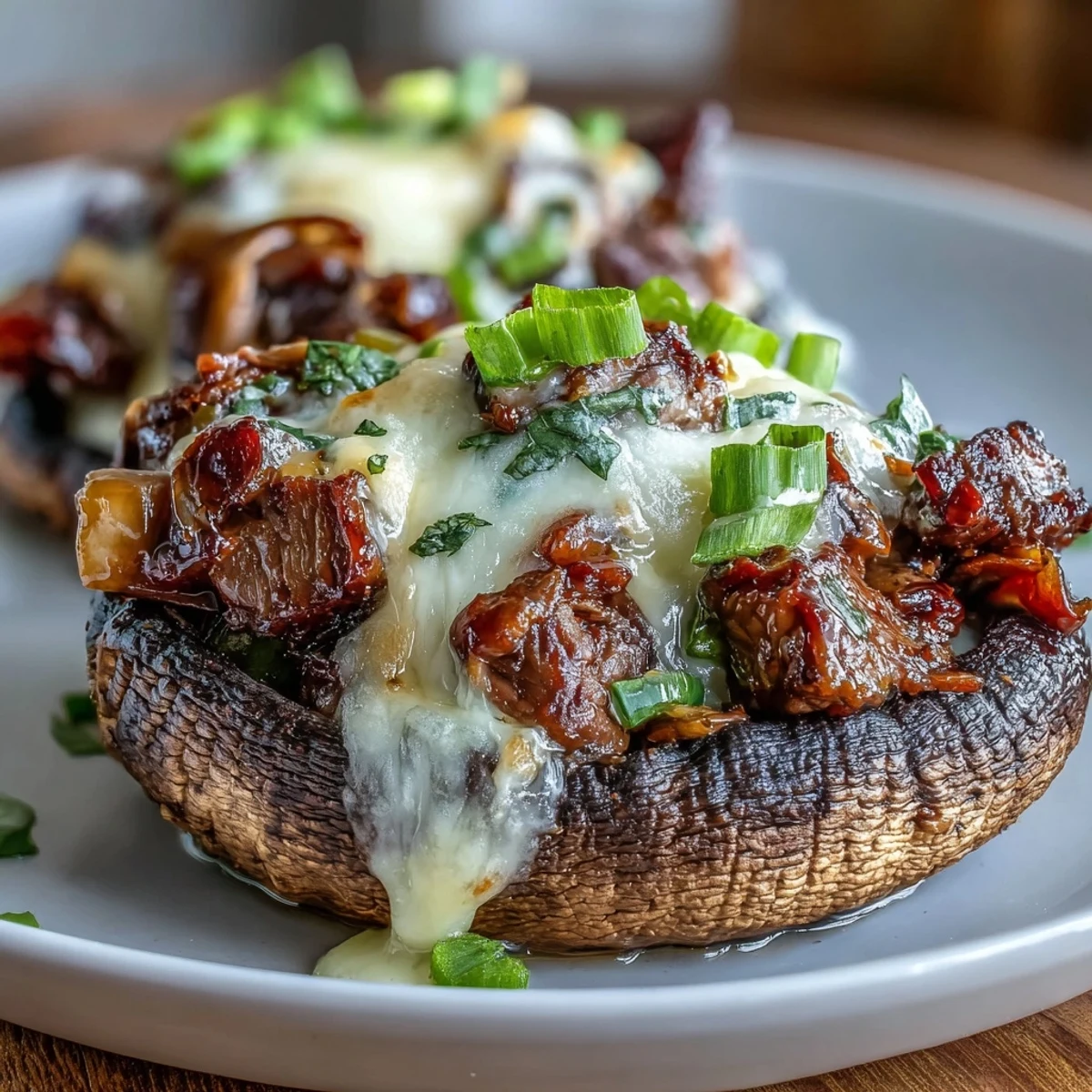 Keto Philly Cheesesteak Stuffed Portobello Mushrooms with juicy steak, peppers, and melted cheese in savory portobello caps.  