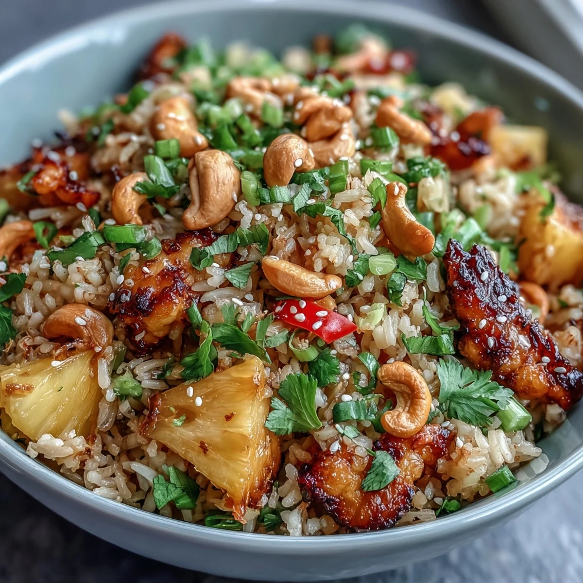 Colorful vegan pineapple fried rice with cauliflower rice, edamame, and red bell peppers, garnished with cilantro and lime wedges.  