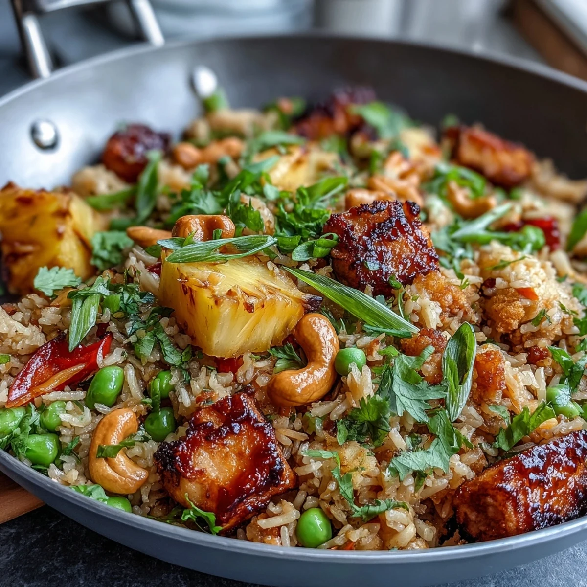 Healthy Asian-inspired pineapple fried rice featuring riced cauliflower, sweet pineapple chunks, and protein-rich edamame, served with chopped cashews.  