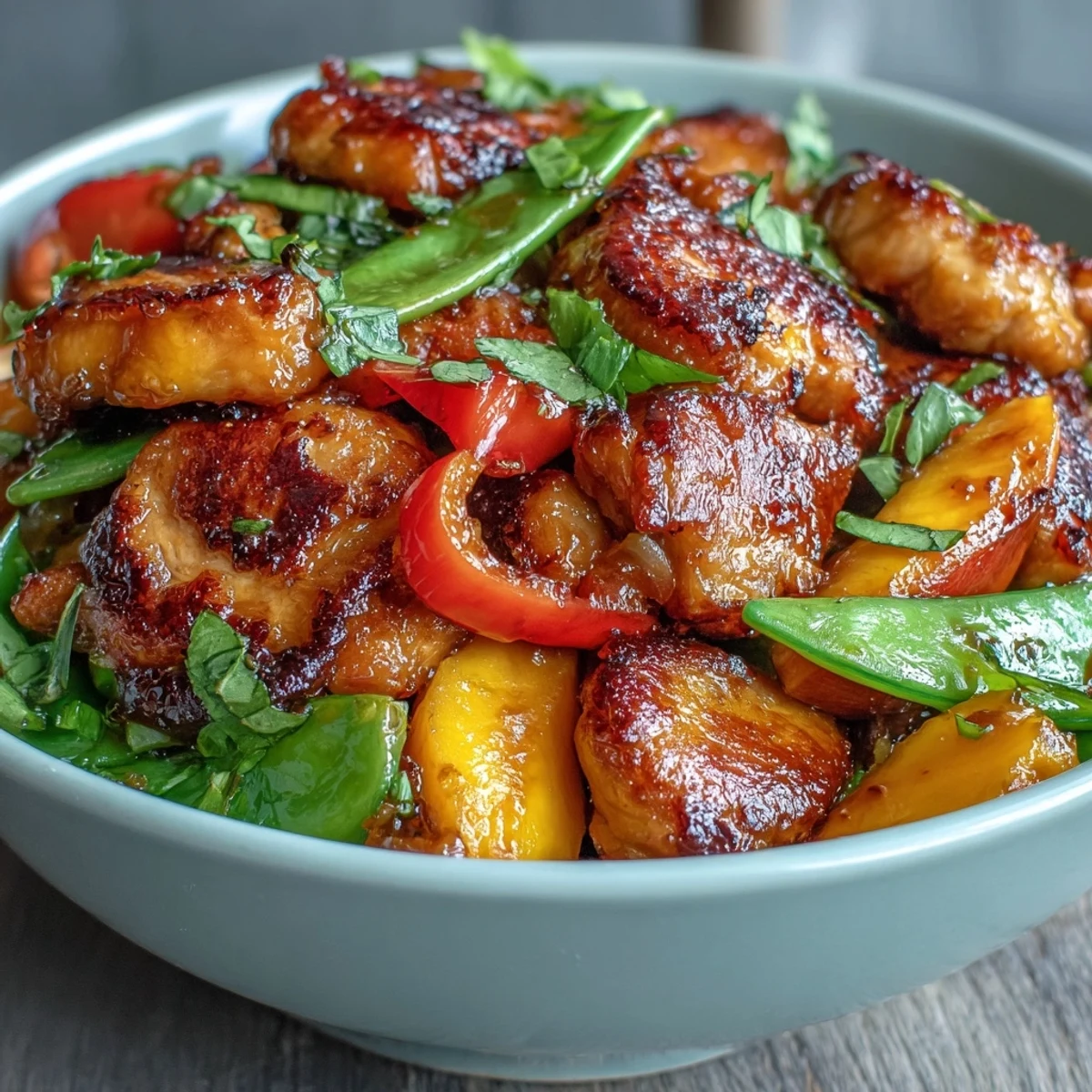 Colorful Mango Turmeric Chicken Stir-Fry with crisp snap peas and vibrant bell peppers in a golden turmeric sauce.