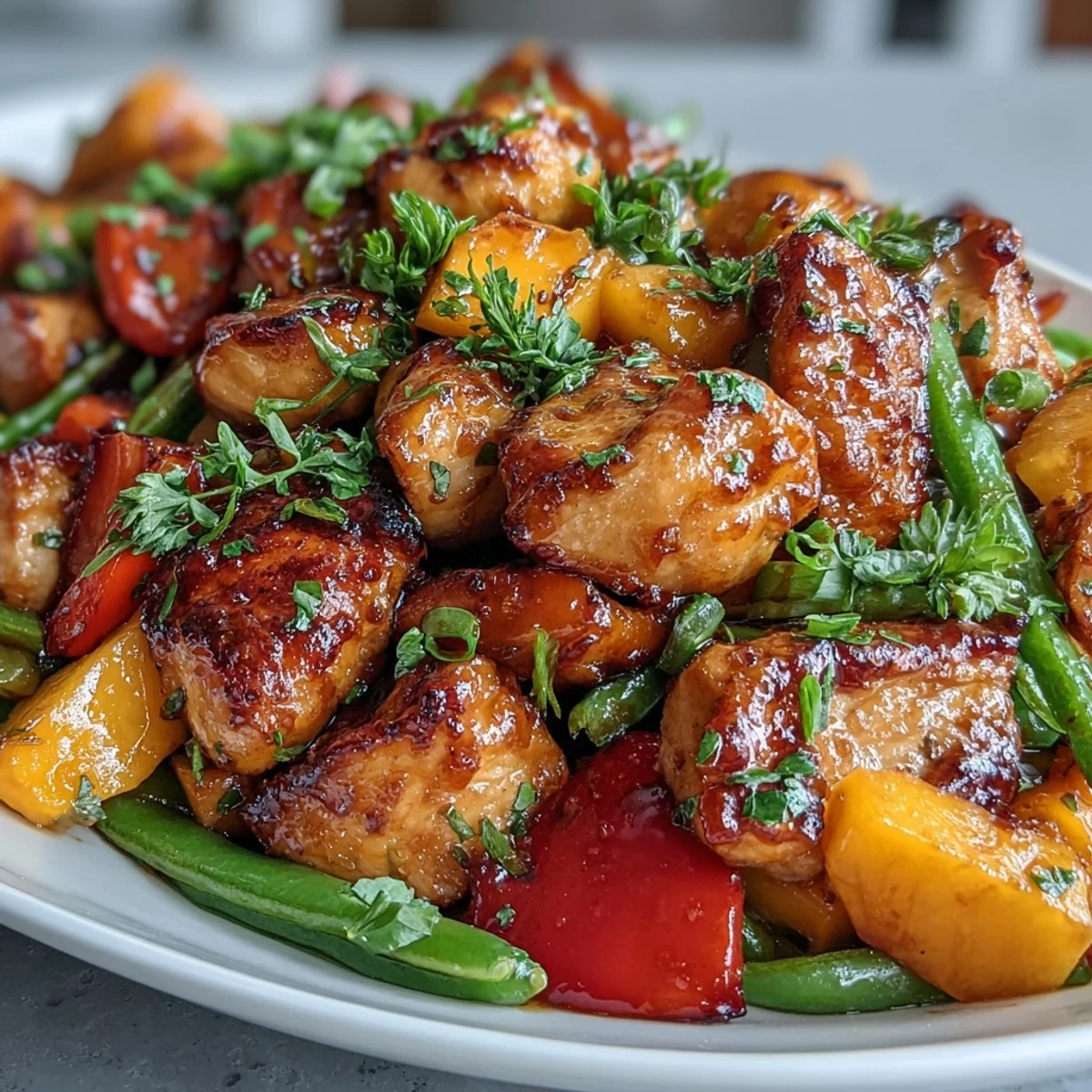 Juicy chicken and ripe mango cubes tossed with turmeric-seasoned snap peas and peppers for a fresh, aromatic stir-fry.