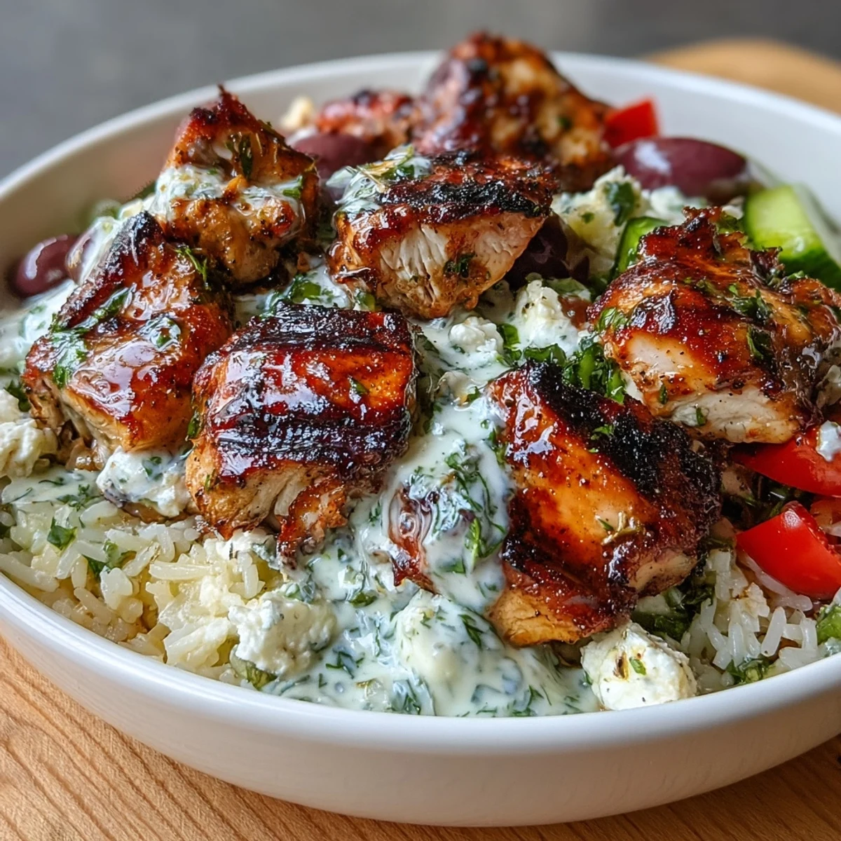 Light Greek Chicken Souvlaki Bowls with Tzatziki and Veggies, featuring grilled marinated chicken, fresh diced vegetables, and creamy homemade tzatziki over fluffy rice.
