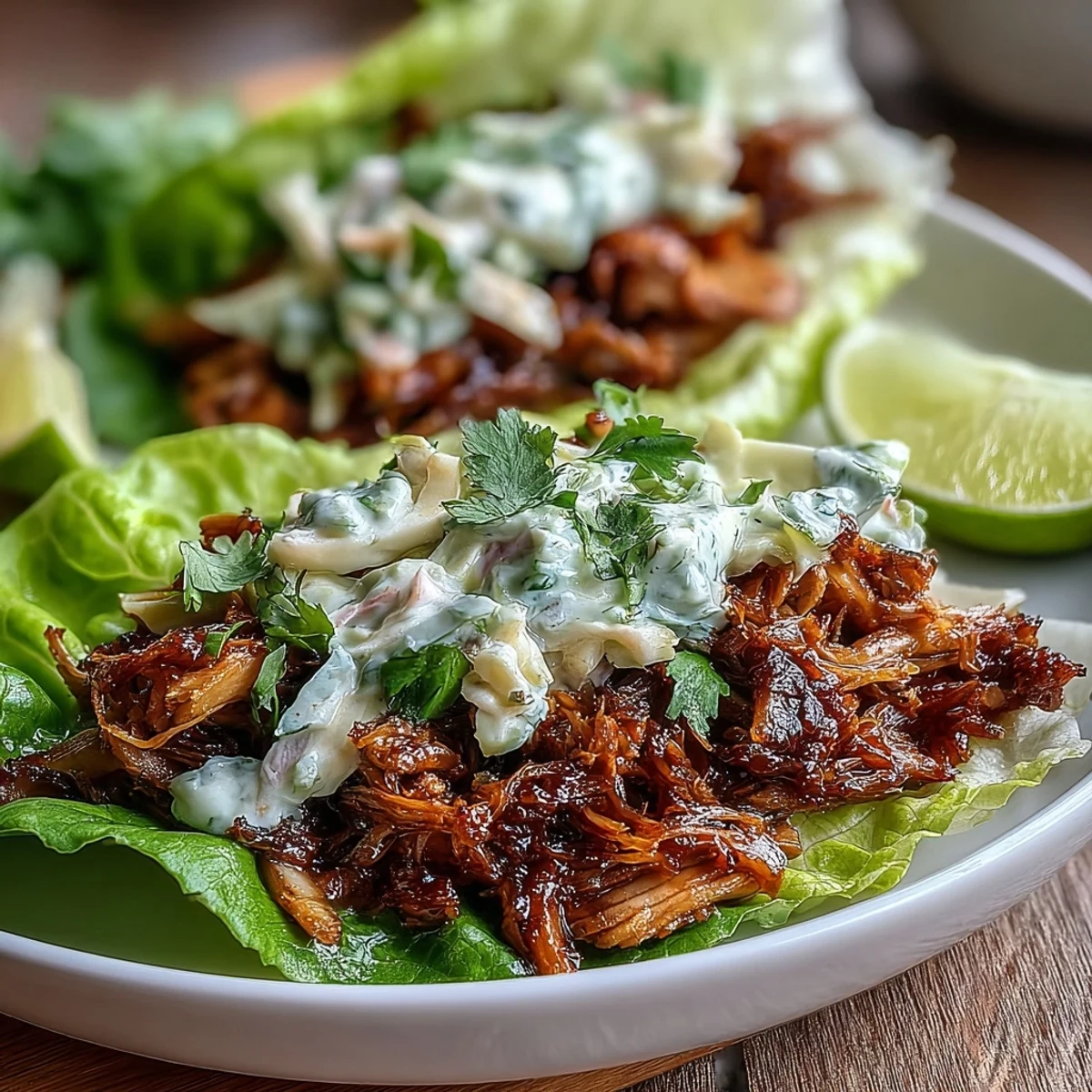 Crispy lettuce tacos filled with smoky BBQ jackfruit and topped with creamy vegan slaw for a fresh, plant-based meal.