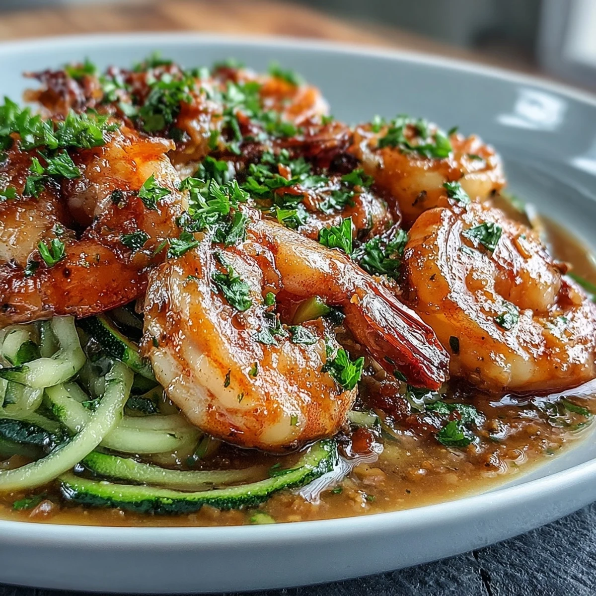 Keto Garlic Butter Shrimp over Zucchini Noodles in a sizzling skillet, topped with fresh parsley and Parmesan for a low-carb feast.