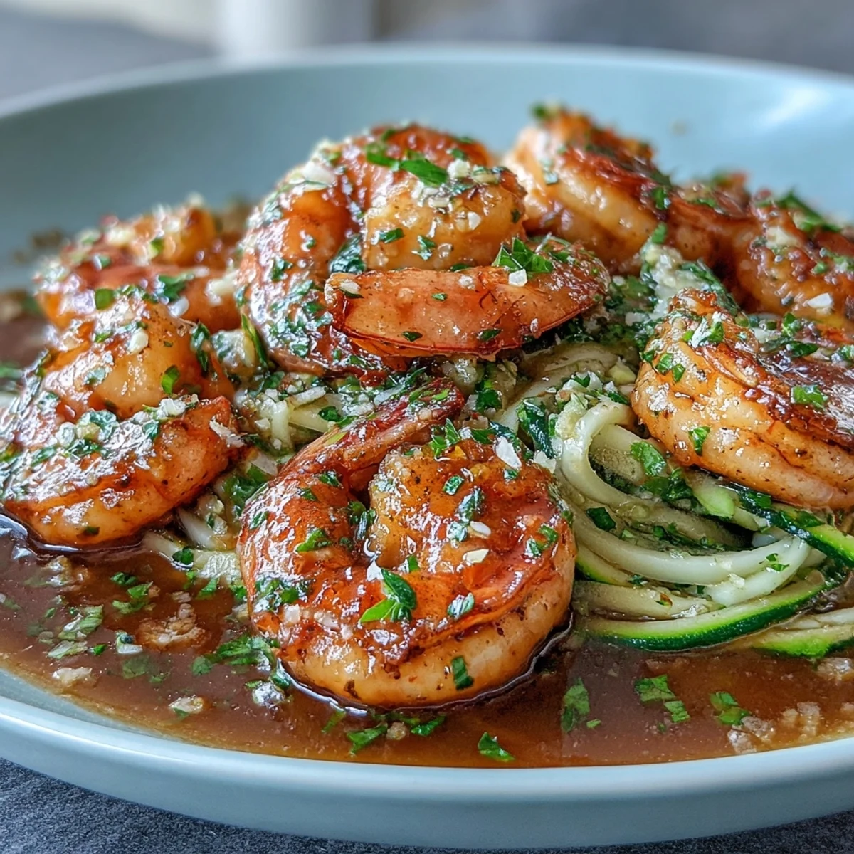 Zucchini noodles tossed with garlic butter shrimp, vibrant parsley, and Parmesan cheese for a flavorful keto-friendly dinner.