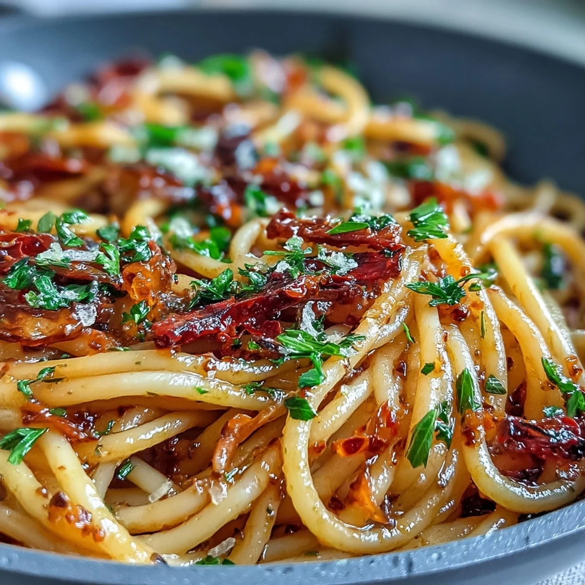 Spicy Calabrian chili pasta with bucatini in vibrant red chili oil, topped with fresh parsley and lemon zest.  