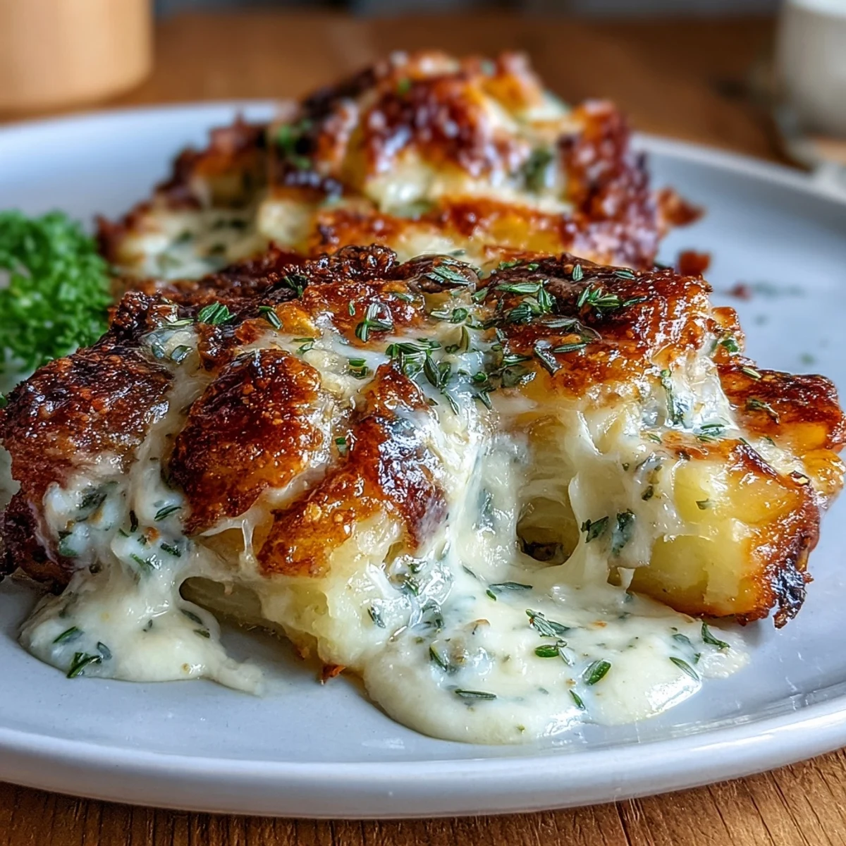 Decadent layers of smashed potatoes, Gruyère, and mozzarella in a bubbling, herb-infused cream sauce.