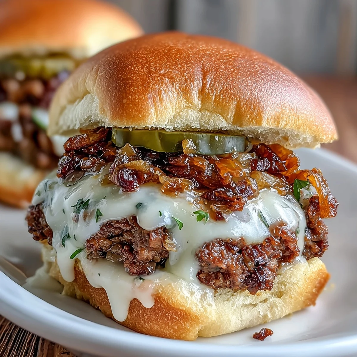 Mini Smash Burger Sliders with Caramelized Onions on a wooden board, showcasing juicy beef patties topped with sweet golden onions and melted cheese on soft slider buns.  