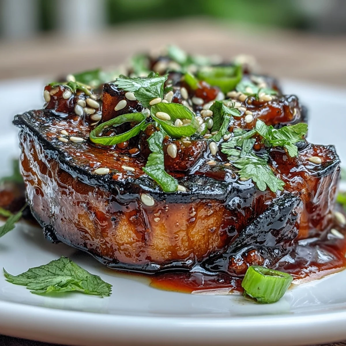 Golden miso-glazed eggplant steaks sizzling from the oven, caramelized edges glistening with savory-sweet umami sauce.  