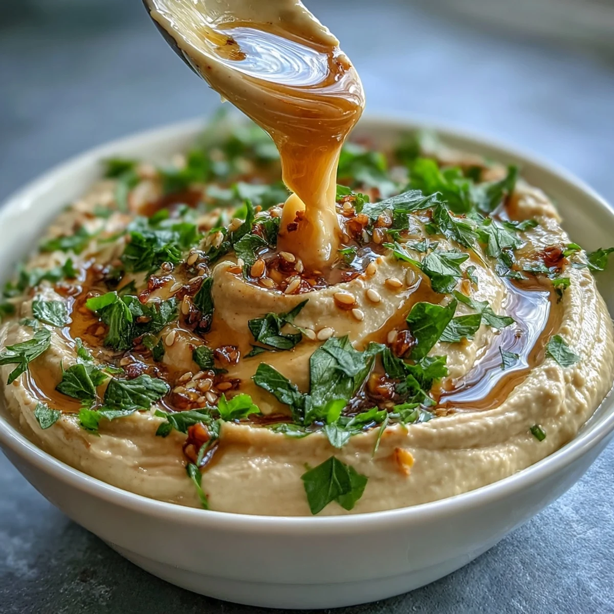 A smooth, zesty tahini sauce with lemon and garlic, perfect for drizzling over grain bowls or falafel.  