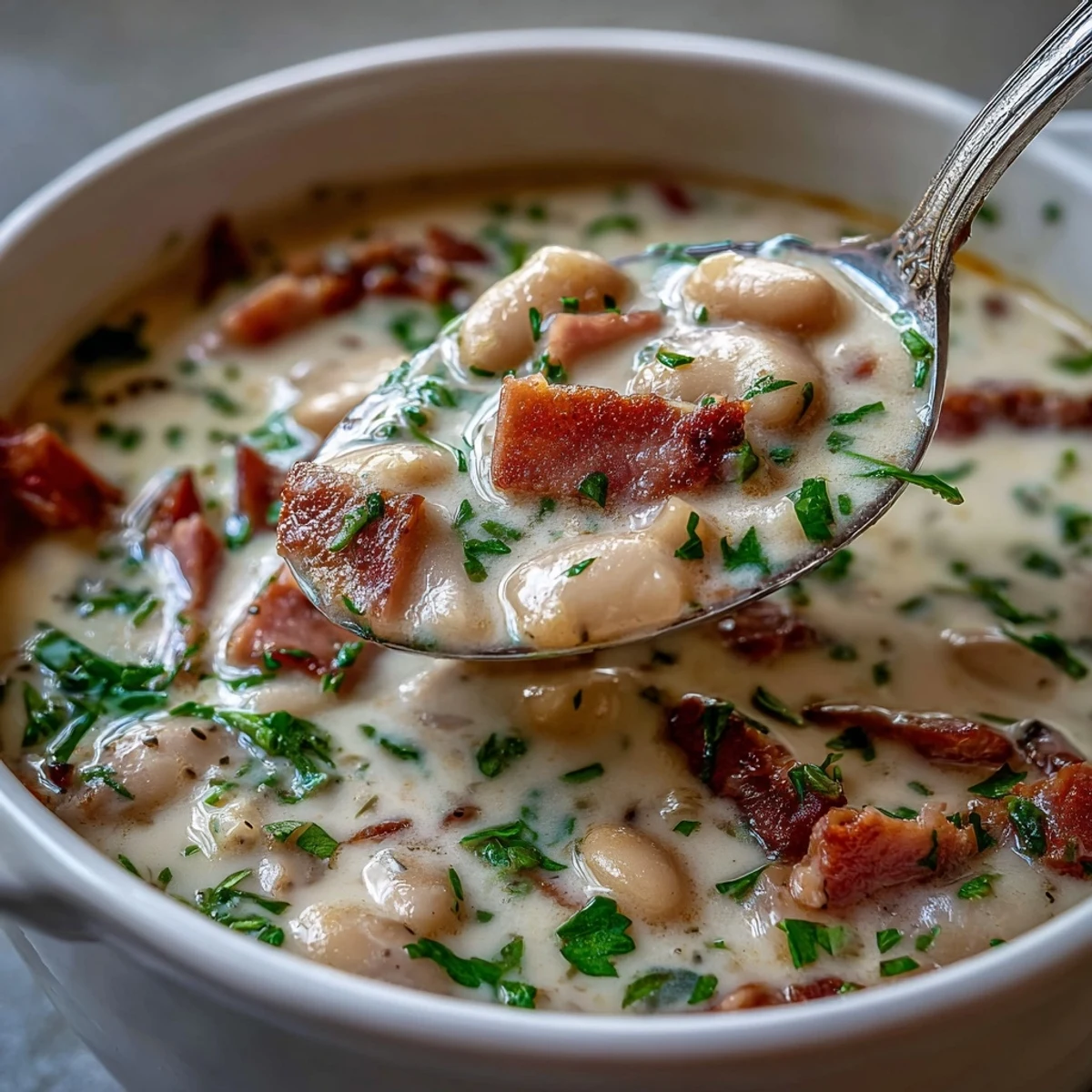Hearty ham and white bean soup with Yukon Gold potatoes and aromatic herbs, served in a rustic ceramic bowl.