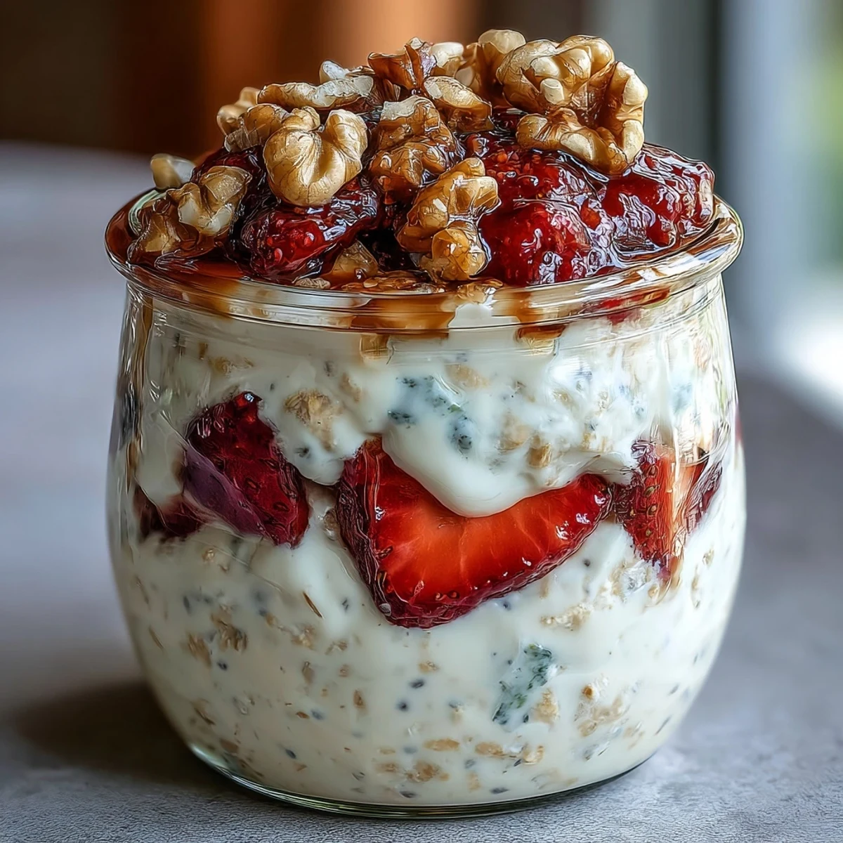 Overnight oats layered with fresh strawberries and crunchy candied walnuts for a wholesome, make-ahead breakfast.