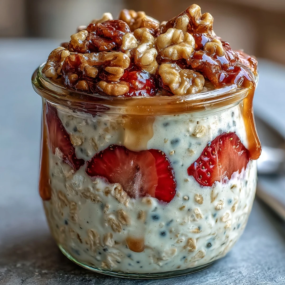 Creamy overnight oats topped with juicy strawberries and sweet, cinnamon-spiced candied walnuts in a glass jar.