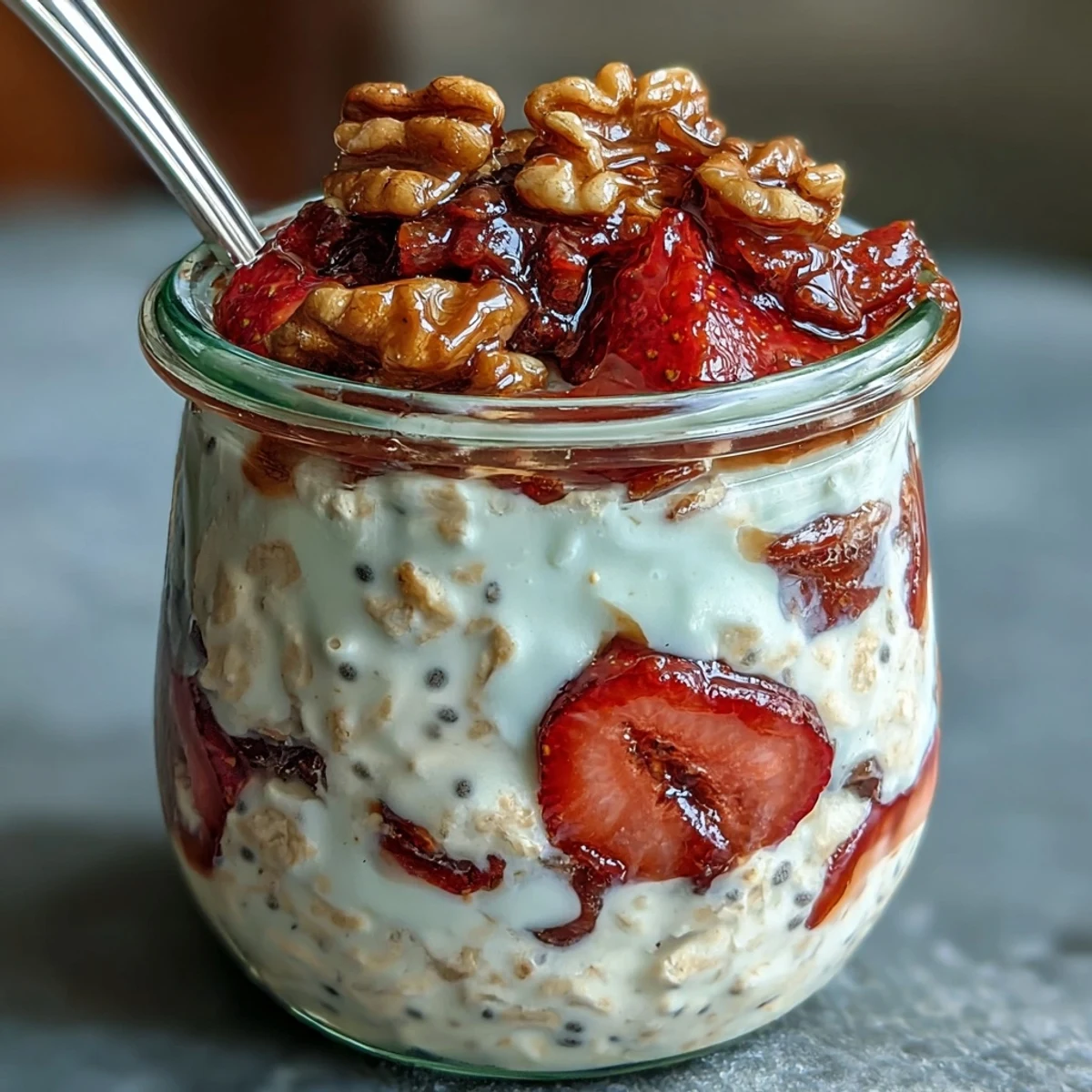 Wholesome overnight oats with fresh strawberries and crunchy maple-candied walnuts, perfect for a healthy start.