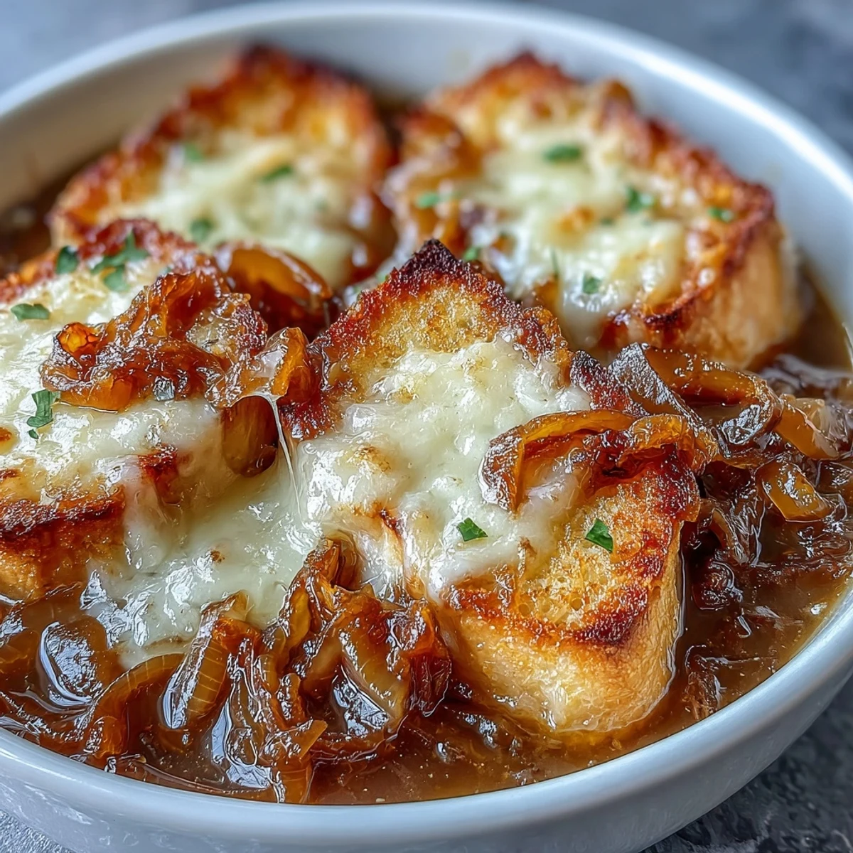 A steaming bowl of caramelized French onion soup with melted Gruyere sourdough crostini on top.  