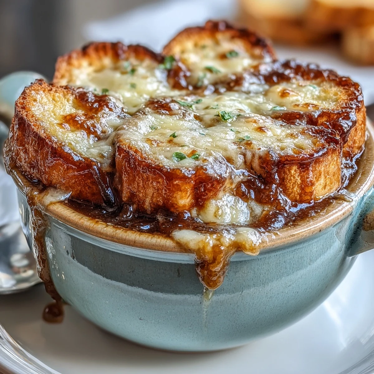 Savory French onion soup featuring deeply caramelized onions, served with cheesy sourdough Gruyere crostini for a comforting meal.