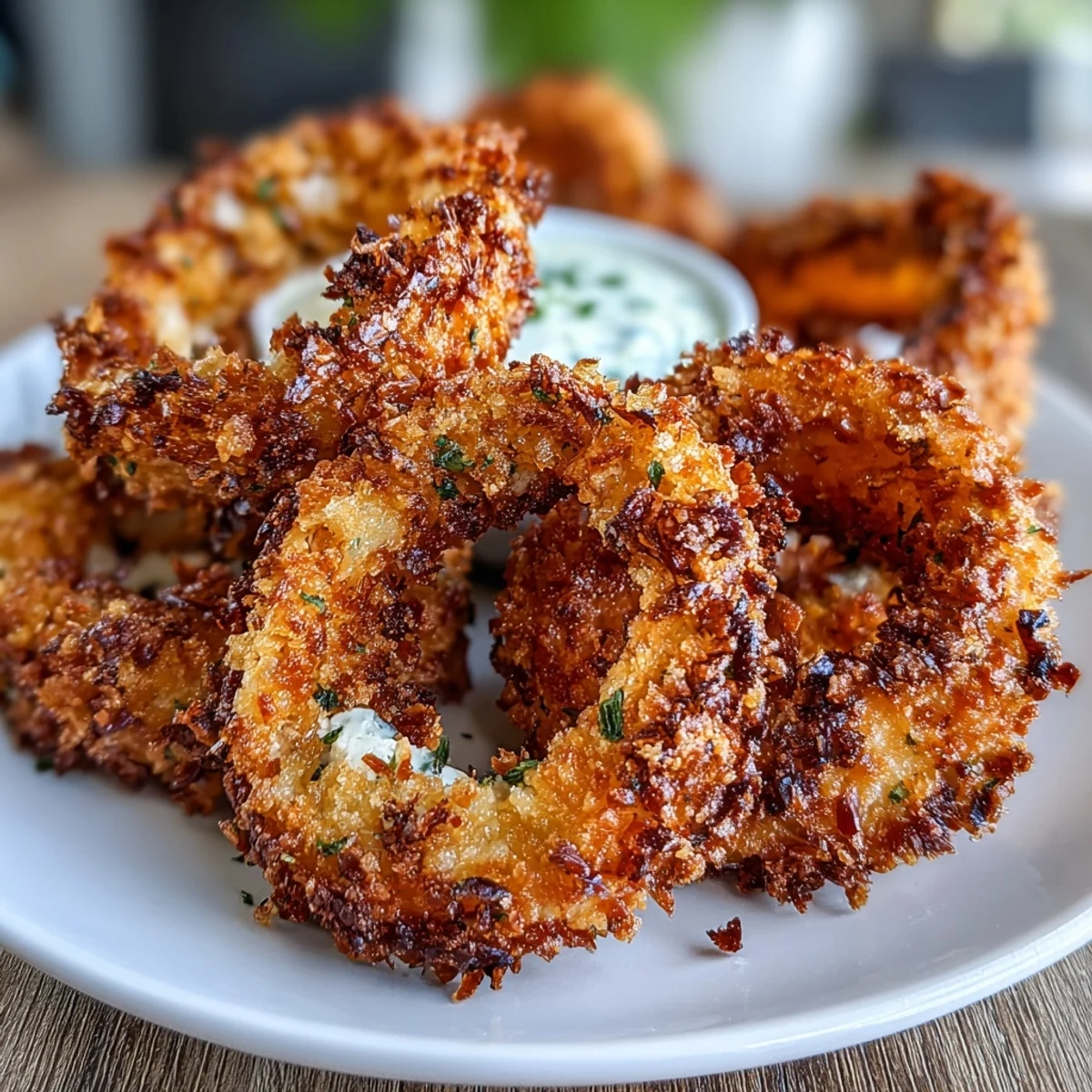 Golden crispy onion rings made in the air fryer, served with a creamy garlic aioli dip for the perfect appetizer.  