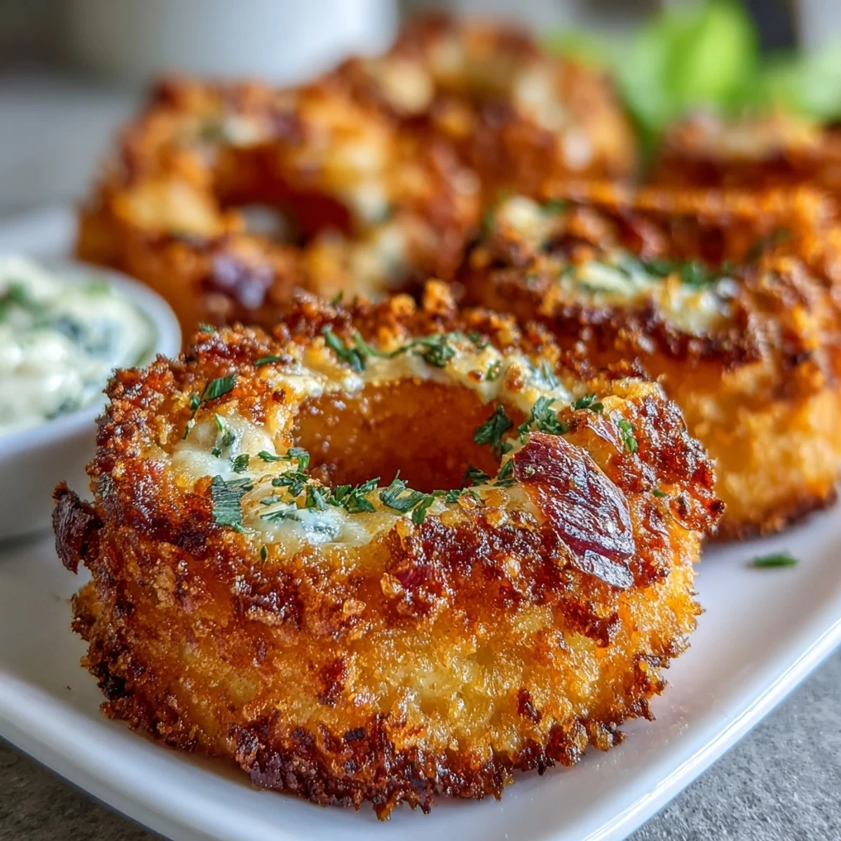 Air-fried crispy onion rings with a light crunch, served alongside a rich and tangy garlic aioli for dipping.