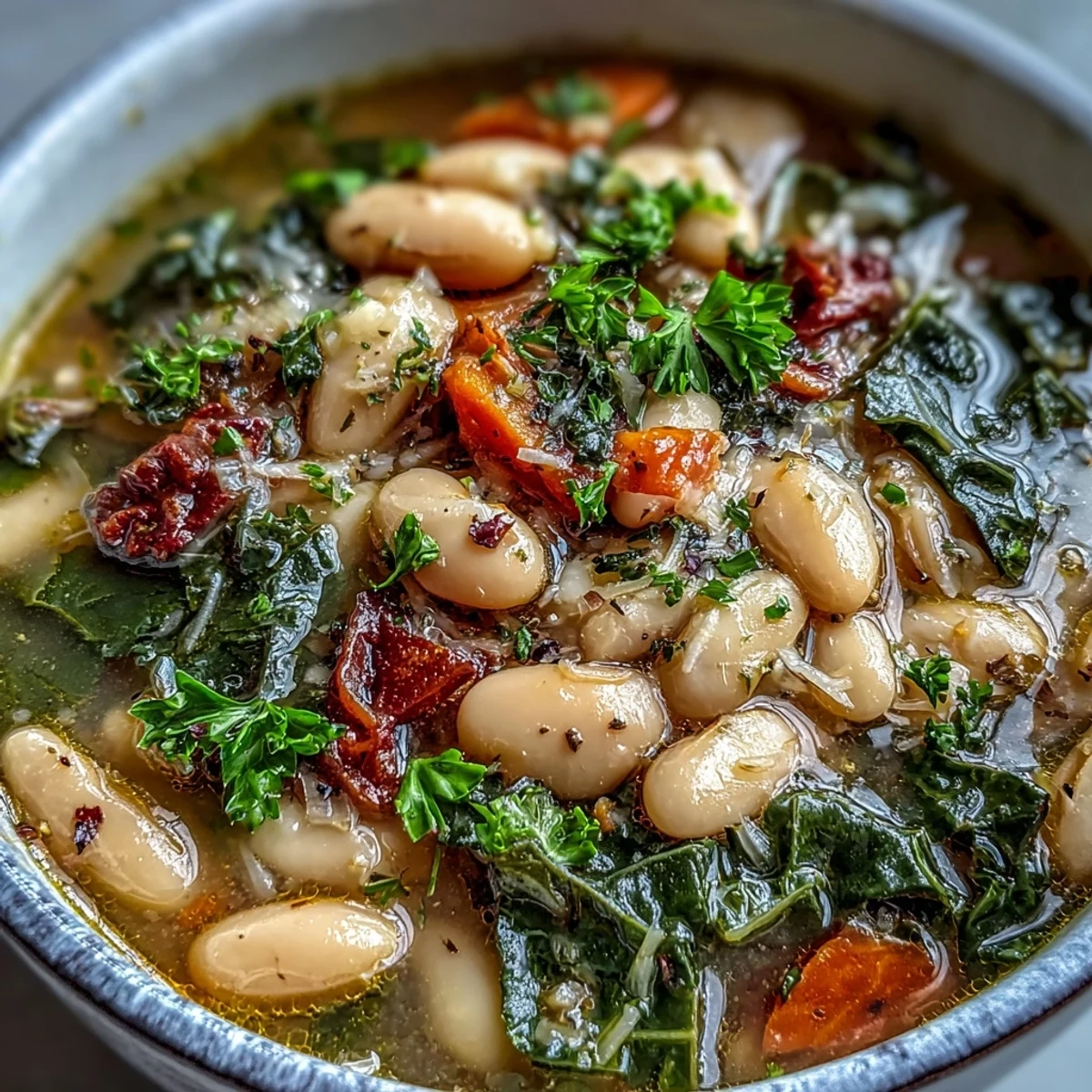 A steaming bowl of Tuscan white bean soup with kale and Parmesan, garnished with fresh parsley and a drizzle of olive oil.