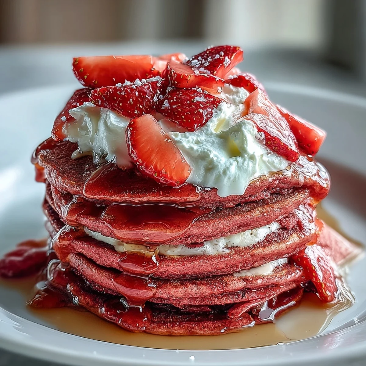 Fluffy pink pancakes made with beetroot purée, topped with a sweet strawberry compote and fresh berries for a vibrant Galentine's brunch.