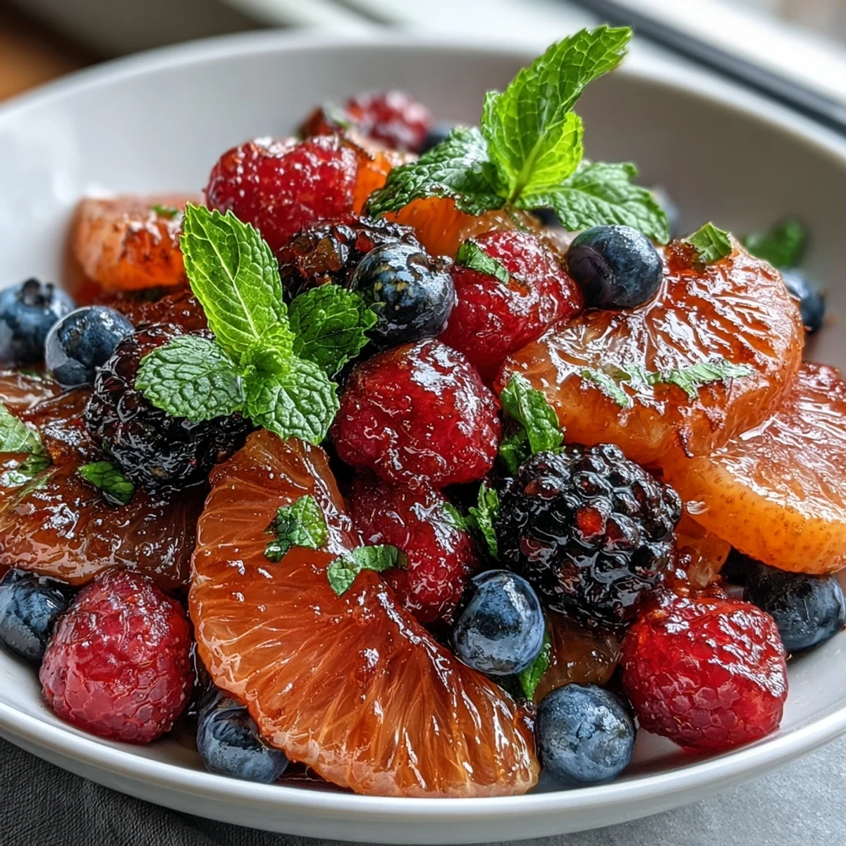 Citrus and Berry Spring Fruit Salad with Mint: a colorful mix of fresh berries, orange, and grapefruit segments, drizzled with citrus-honey dressing and topped with mint.  