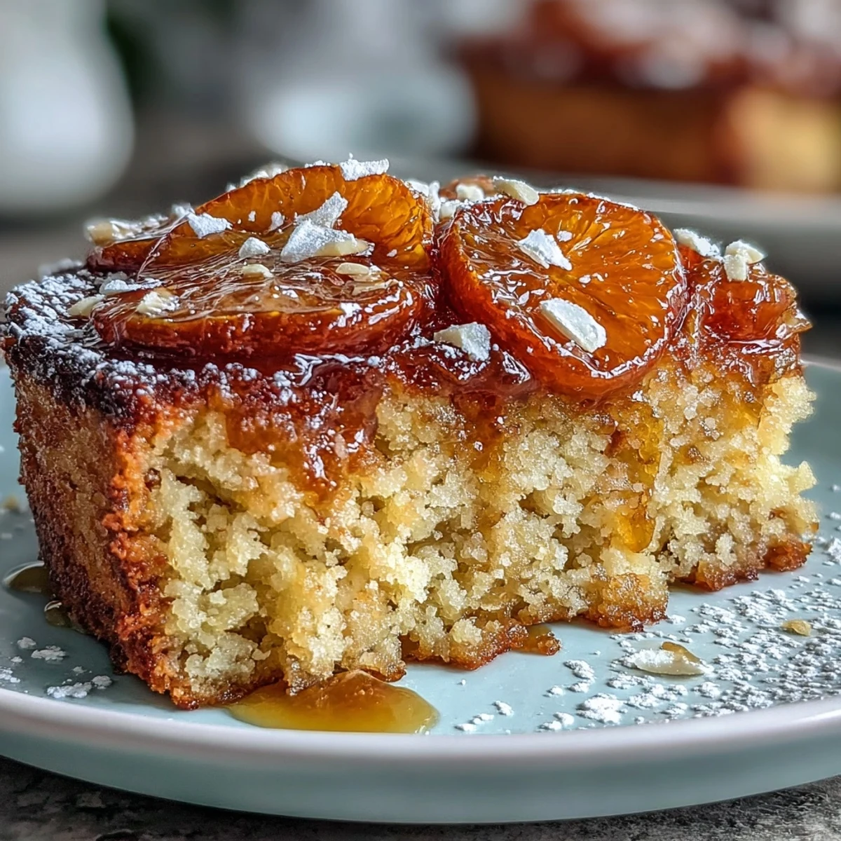 Candied orange slices adorn a moist almond flour cake baked with olive oil, perfect for tea time.