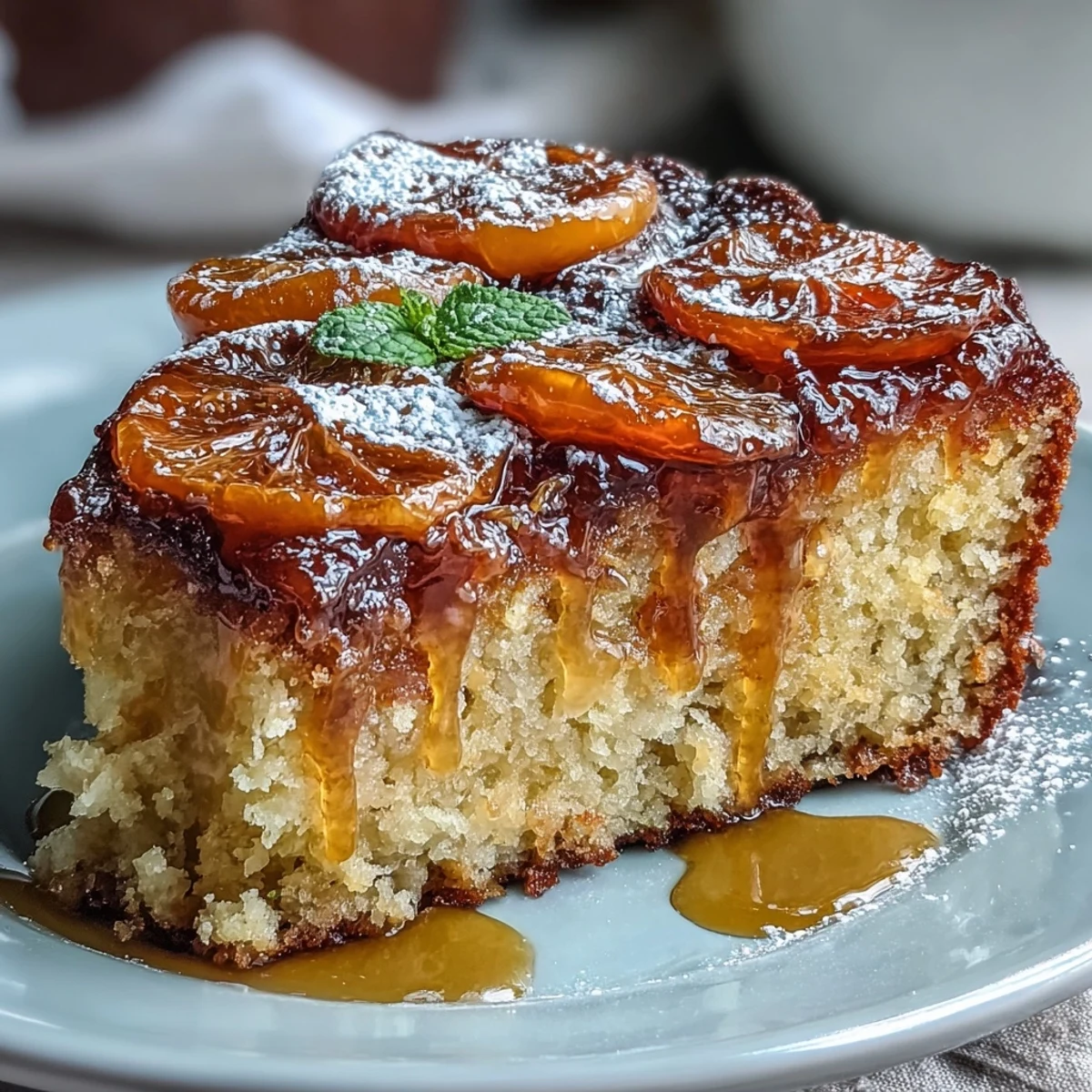 Sweet candied orange slices top a tender olive oil and almond flour cake, dusted with powdered sugar.